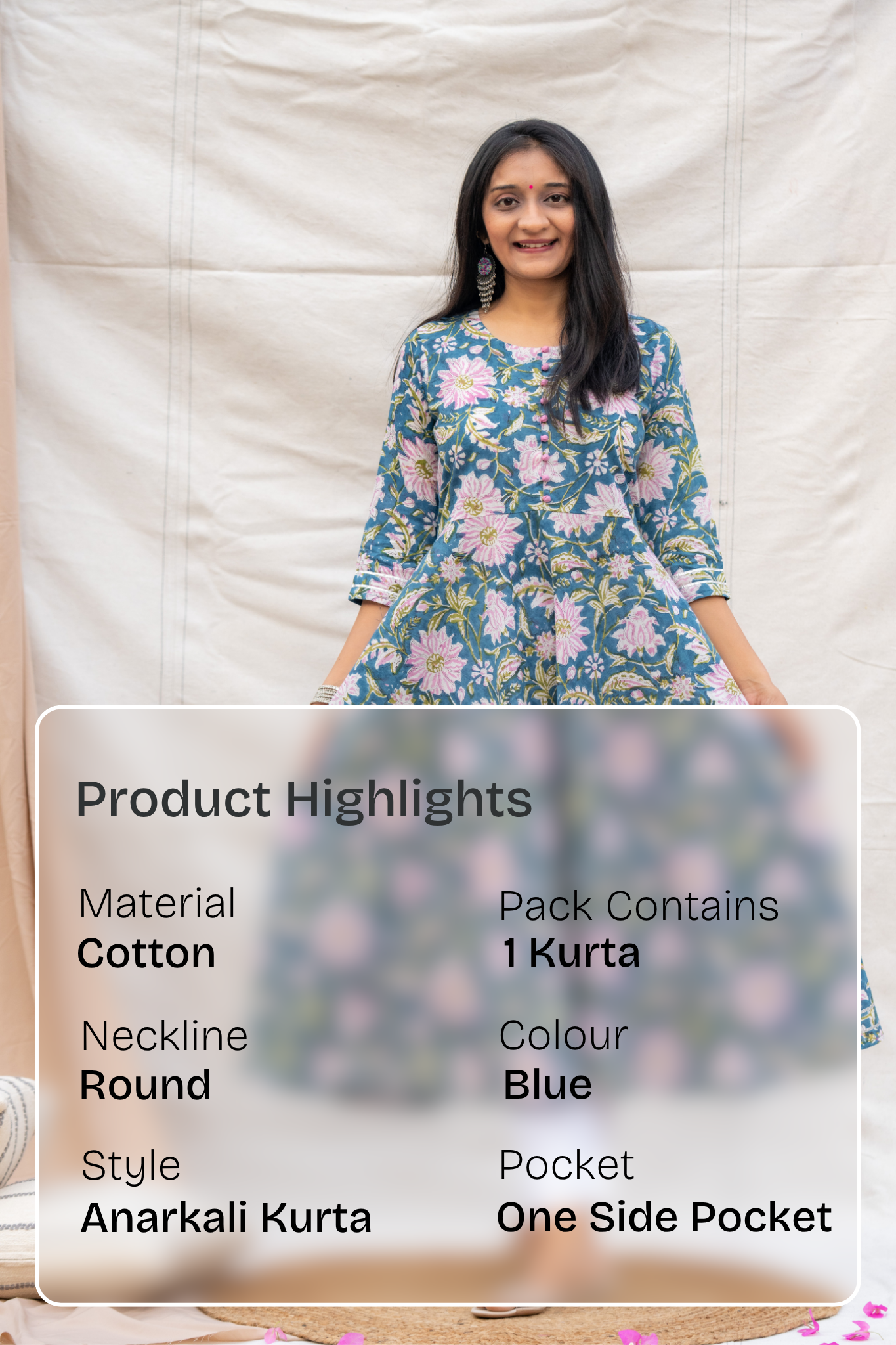 Hasrat Blue Handblock Anarkali Cotton Kurta