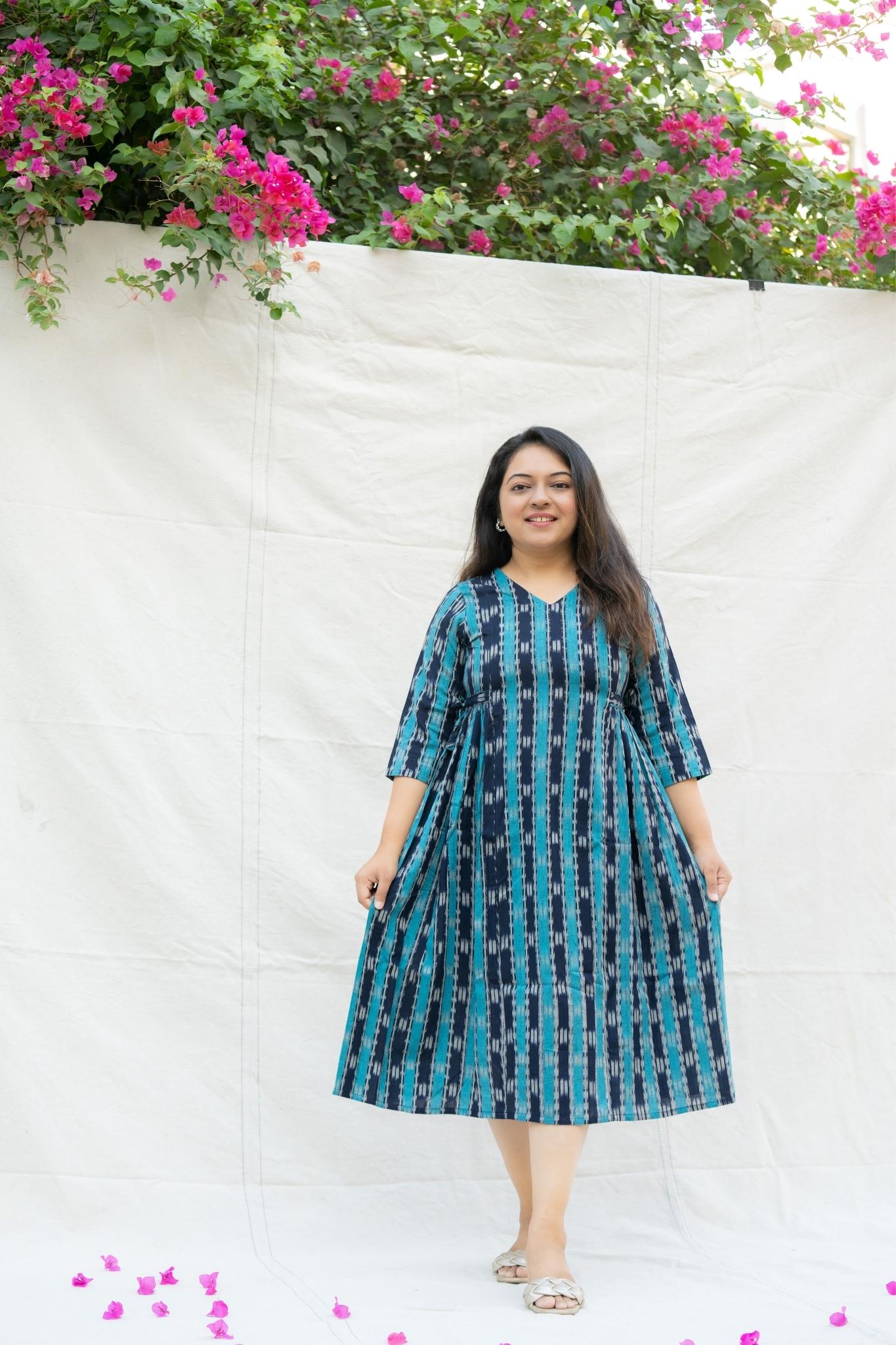 Dark Blue Ikat Cotton Midi Dress with Embroidery – Madhurima Bhattacharjee