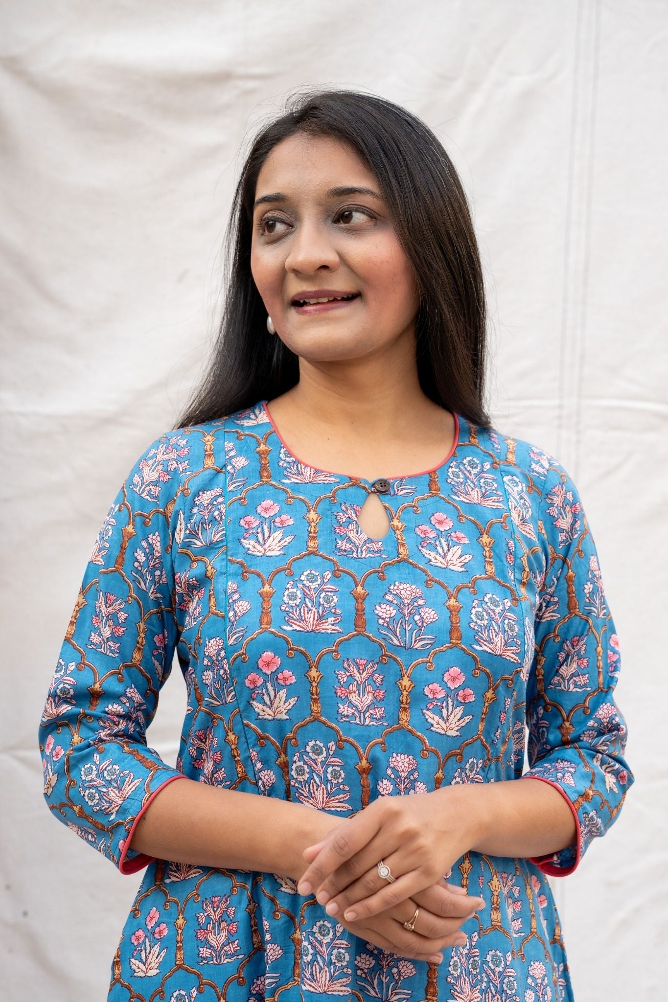 Close up view of Blue nursing and feeding friendly kurta showing  Round neck with key - hole
