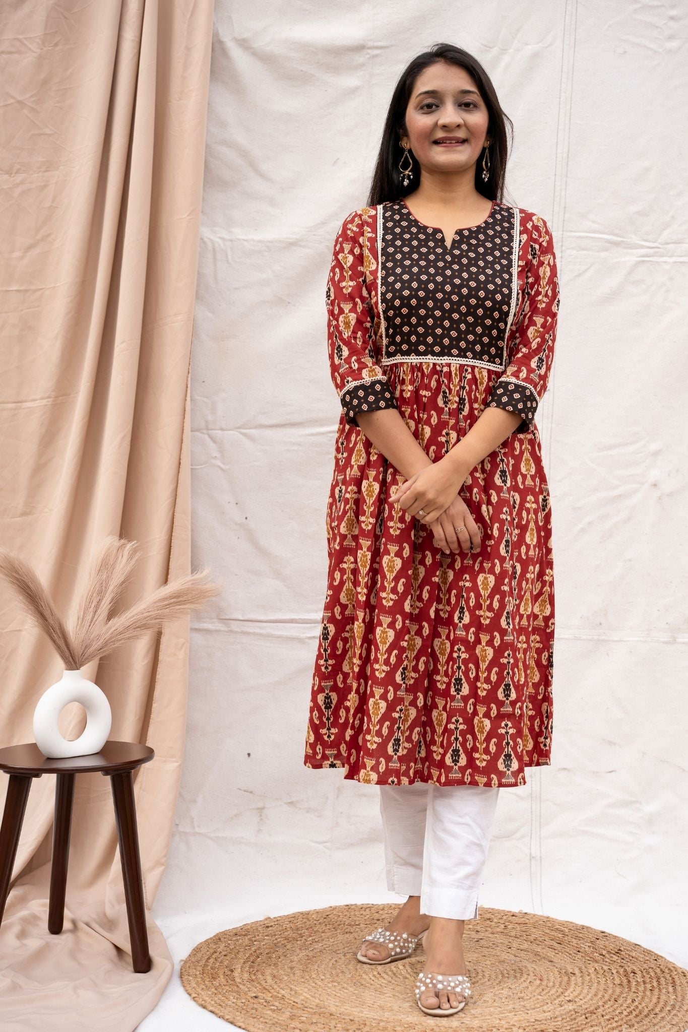 Full look of rust nursing and feeding friendly kurta in pure cotton
