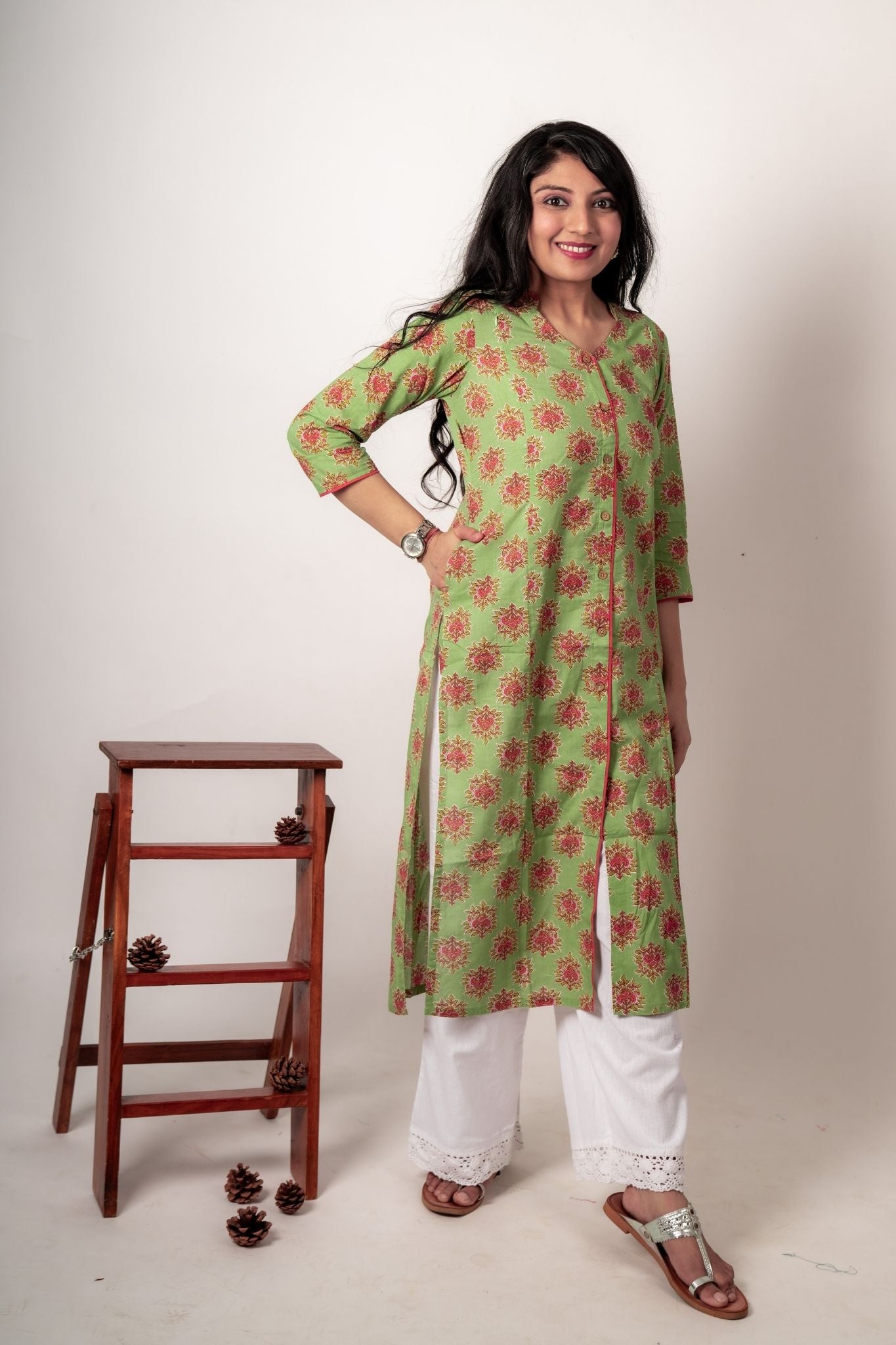 Collared V neck cotton maternity kurta in sage green with floral blocks with pocket