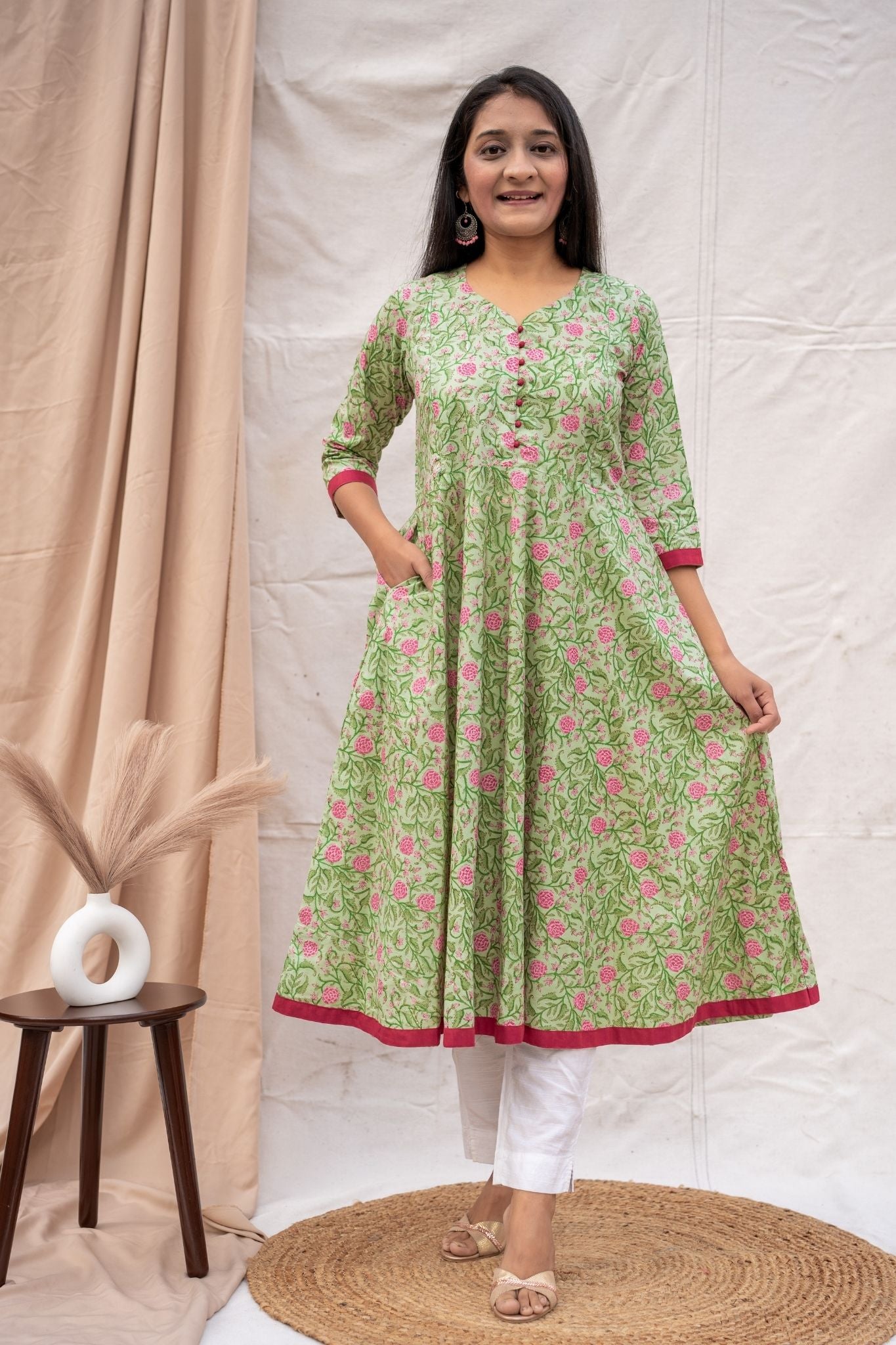 Stylish maternity anarkali kurta suitable for pregnancy, nursing, and postpartum wear with concealed zippers on both sides, having 1 pocket