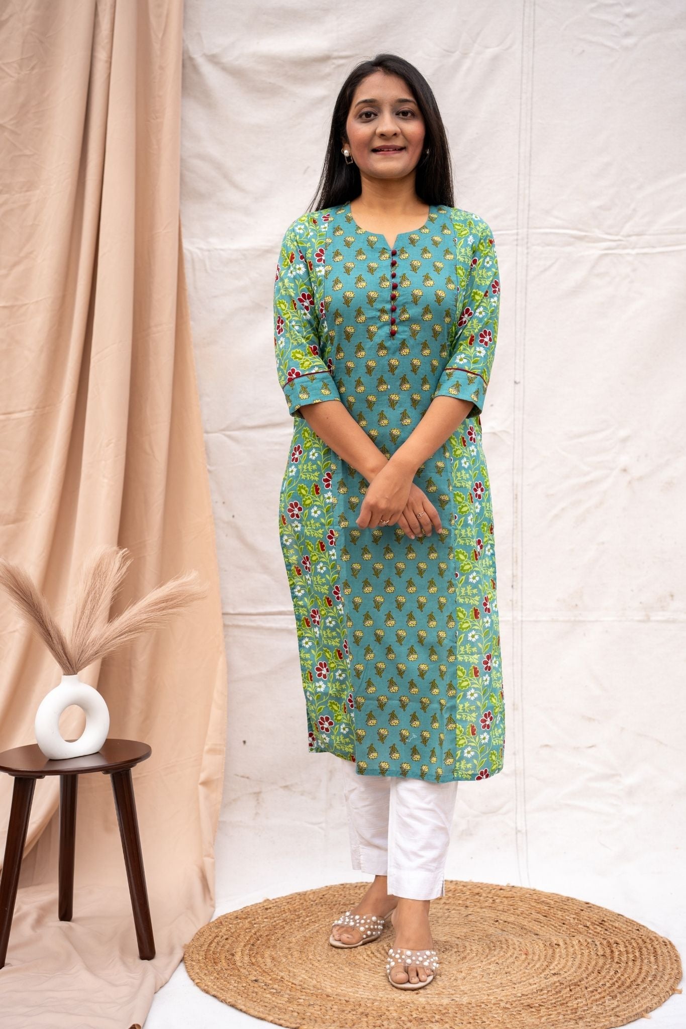 Full look of teal nursing & feeding friedly kurtain pure cotton