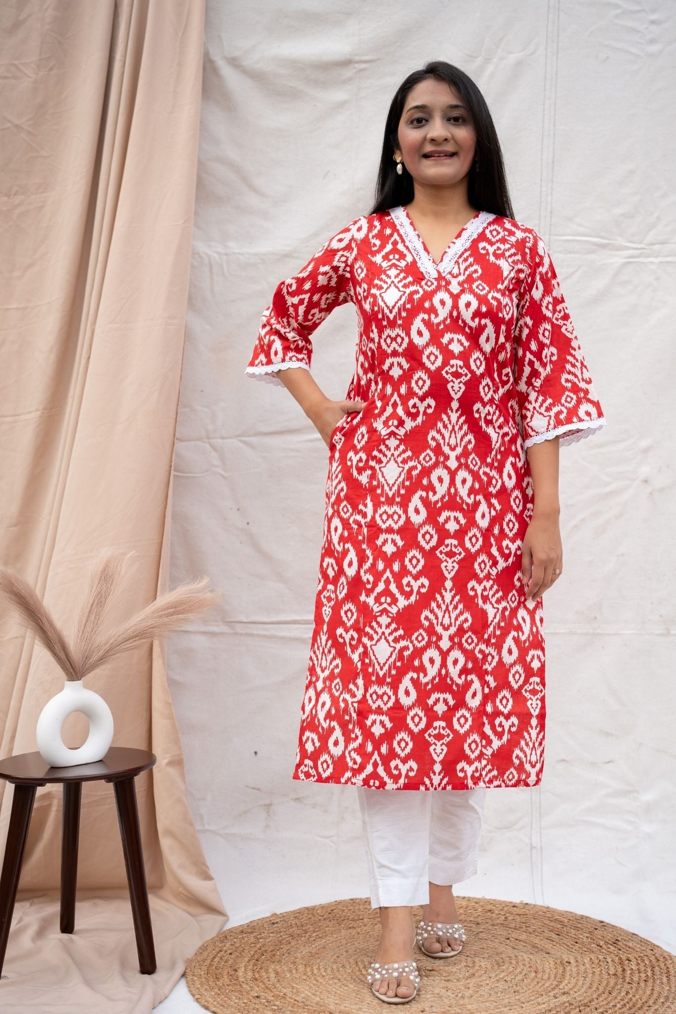 Sehej Red Maternity and Nursing Cotton Kurta