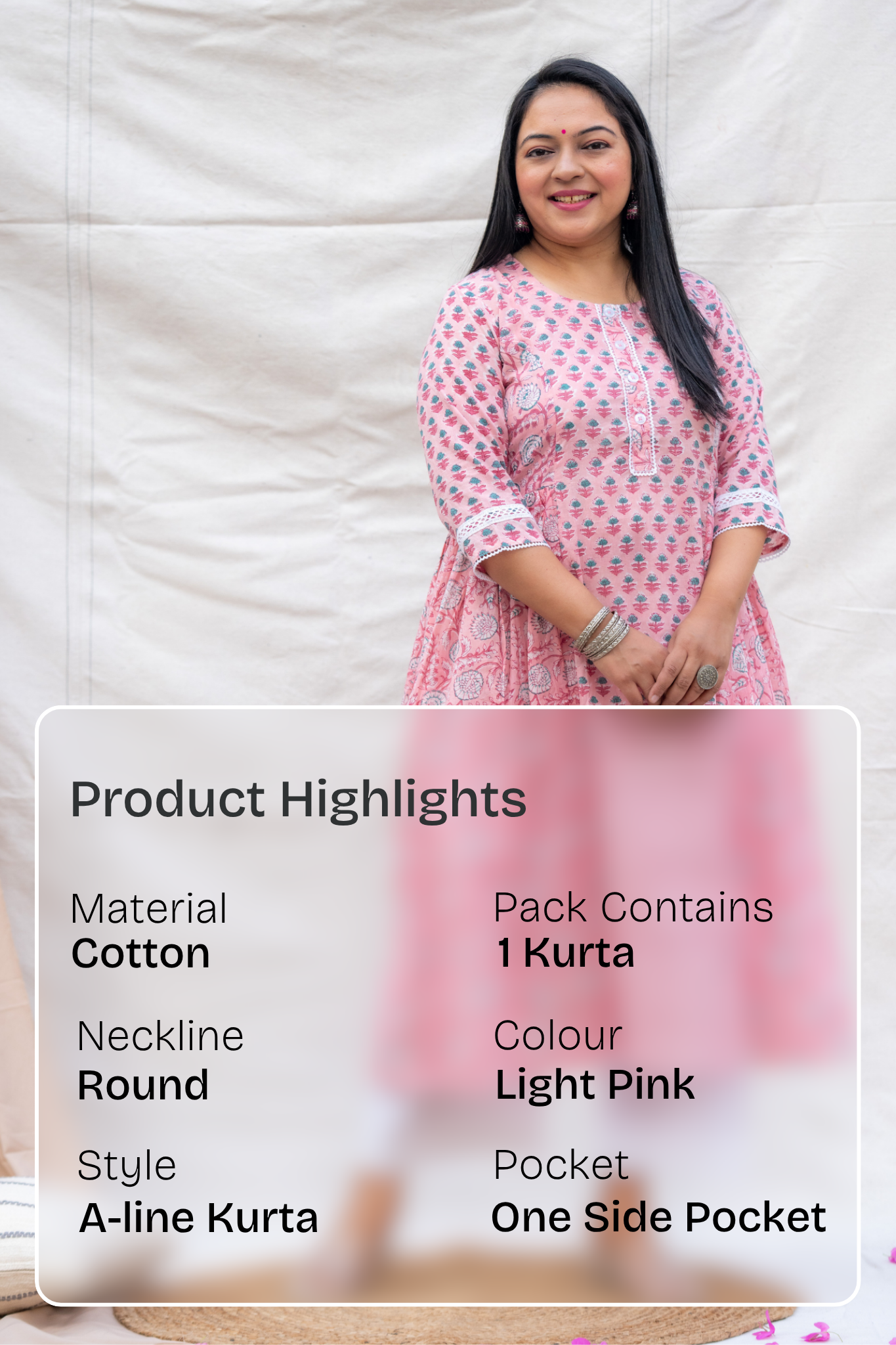 Rehmat Light Pink Handblock A-Line Cotton Kurta