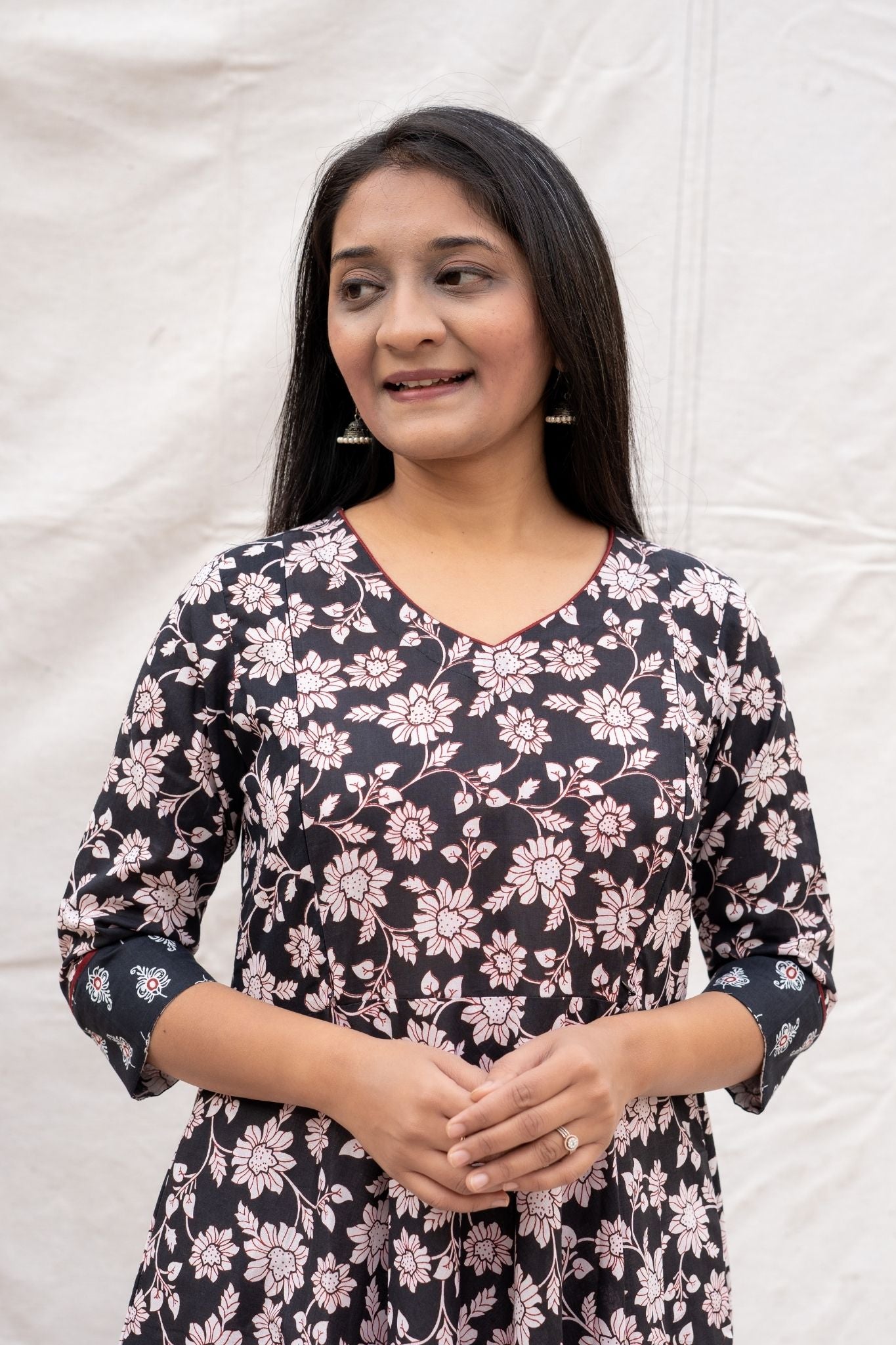 Close up view of Black nursing and feeding friendly kurta showing Fabric border