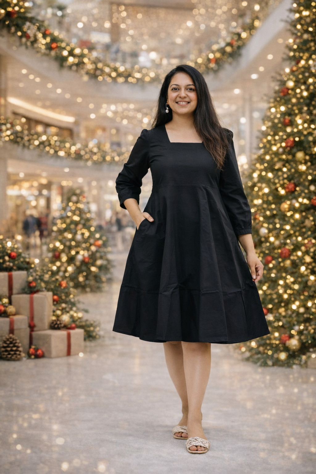 Patakha Guddi Black Solid Cotton Knee Length Dress