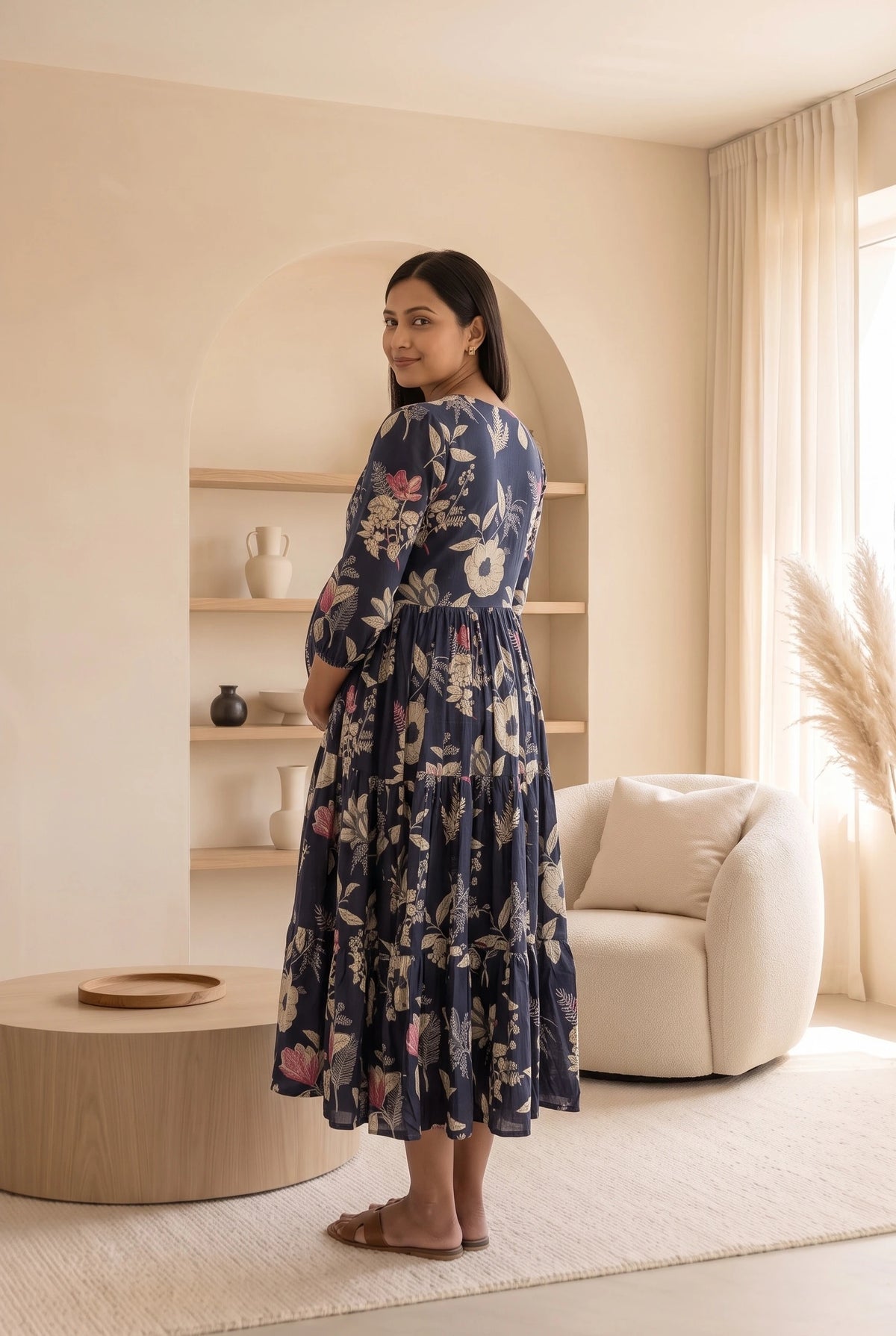 Ekta Blue Floral Maternity and Feeding Tiered Cotton Dress