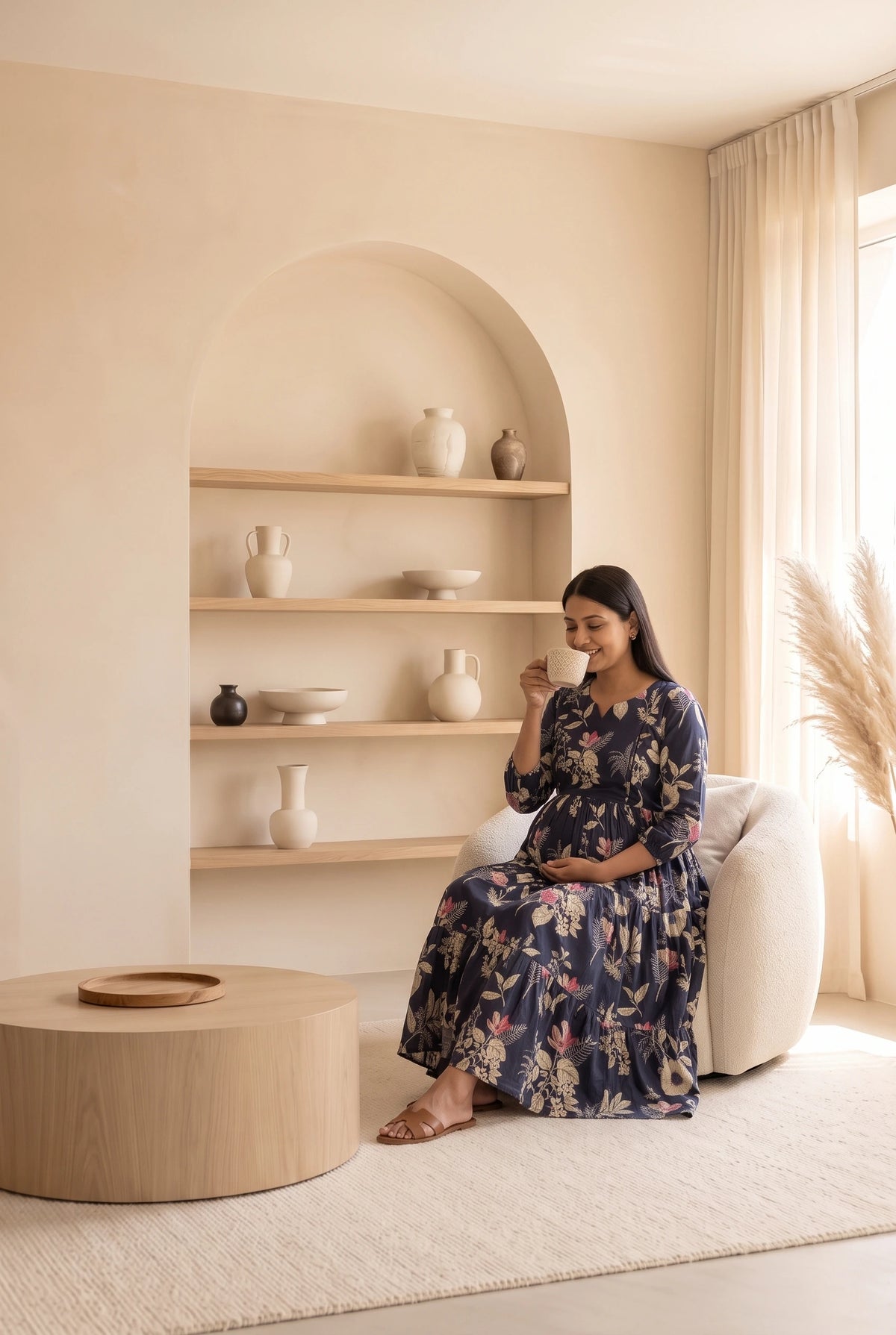 Ekta Blue Floral Maternity and Feeding Tiered Cotton Dress