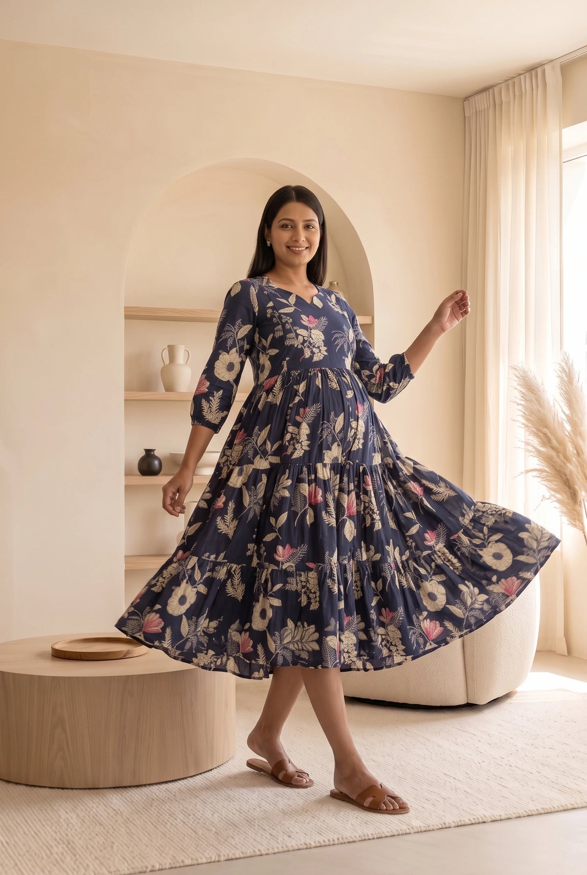 Ekta Blue Floral Maternity and Feeding Tiered Cotton Dress