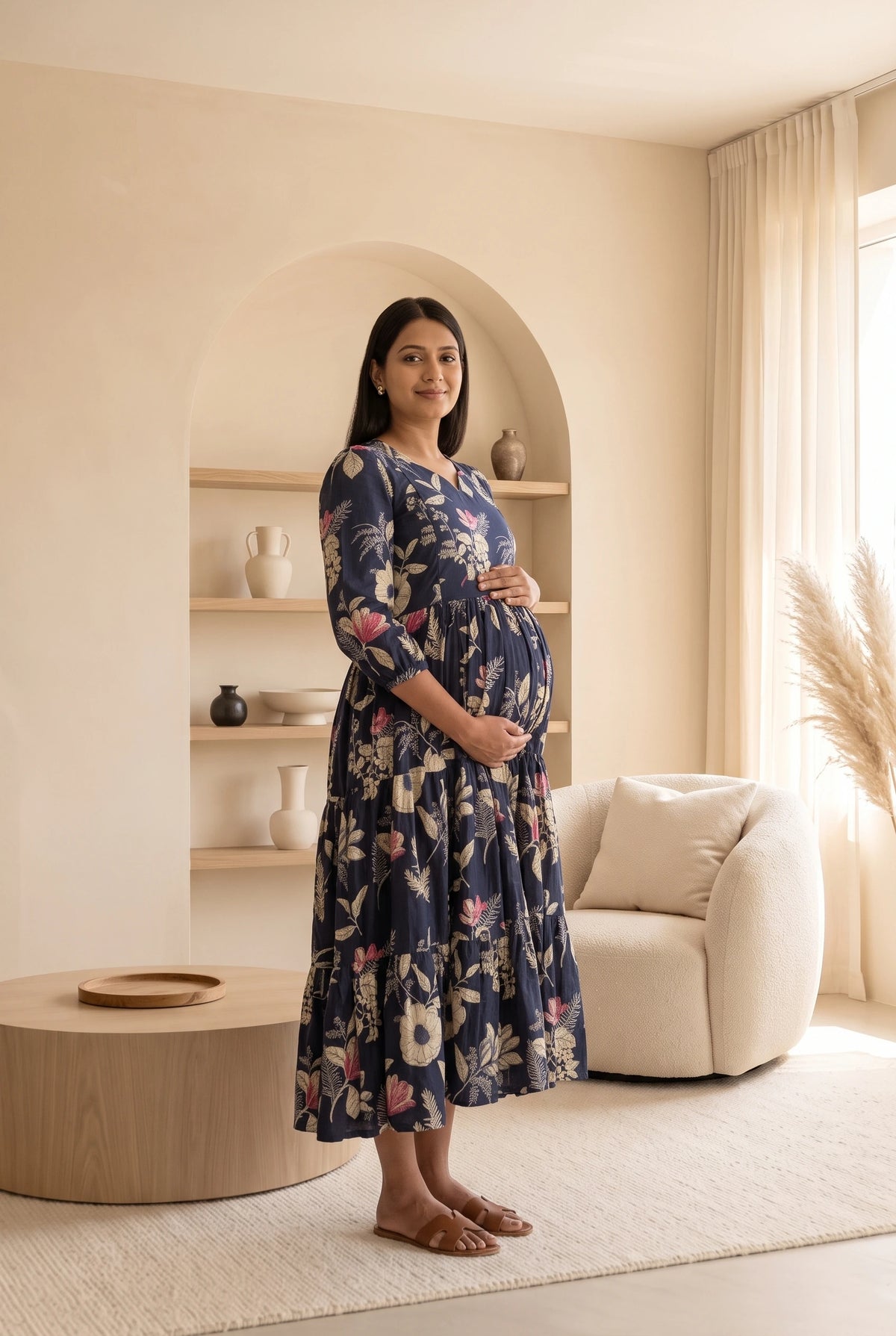 Ekta Blue Floral Maternity and Feeding Tiered Cotton Dress