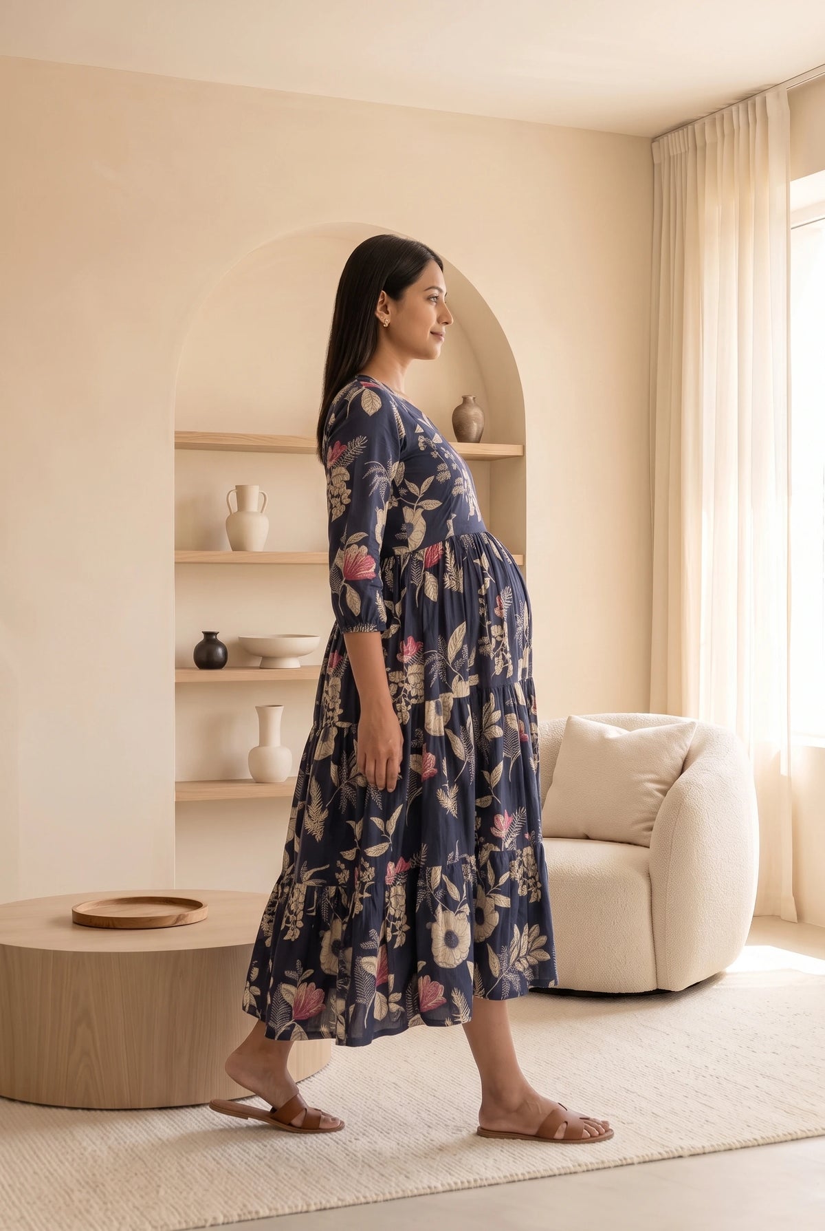Ekta Blue Floral Maternity and Feeding Tiered Cotton Dress