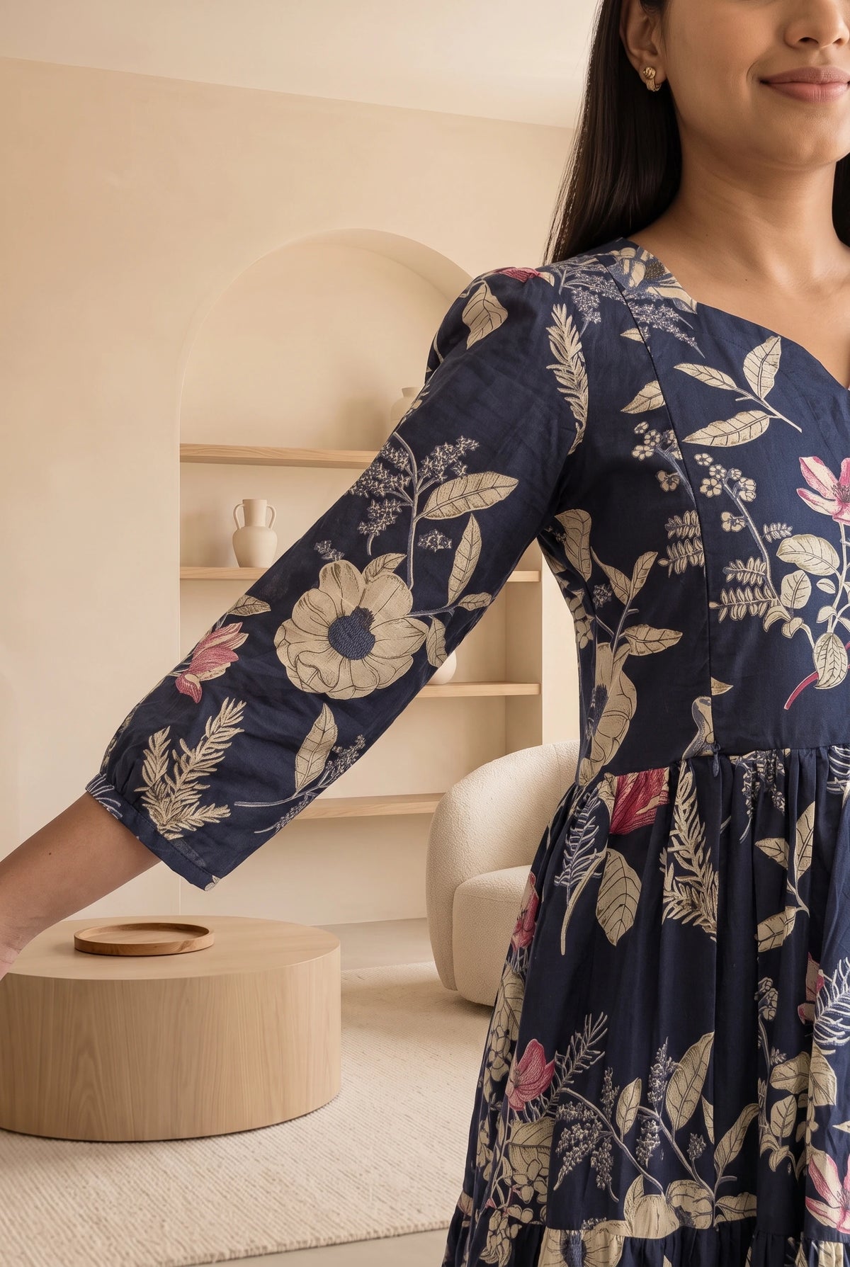 Ekta Blue Floral Maternity and Feeding Tiered Cotton Dress