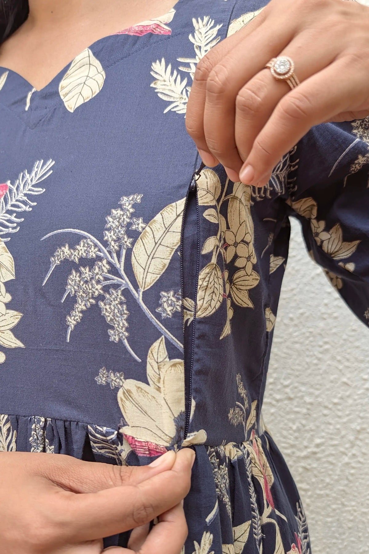 Ekta Blue Floral Maternity and Feeding Tiered Cotton Dress
