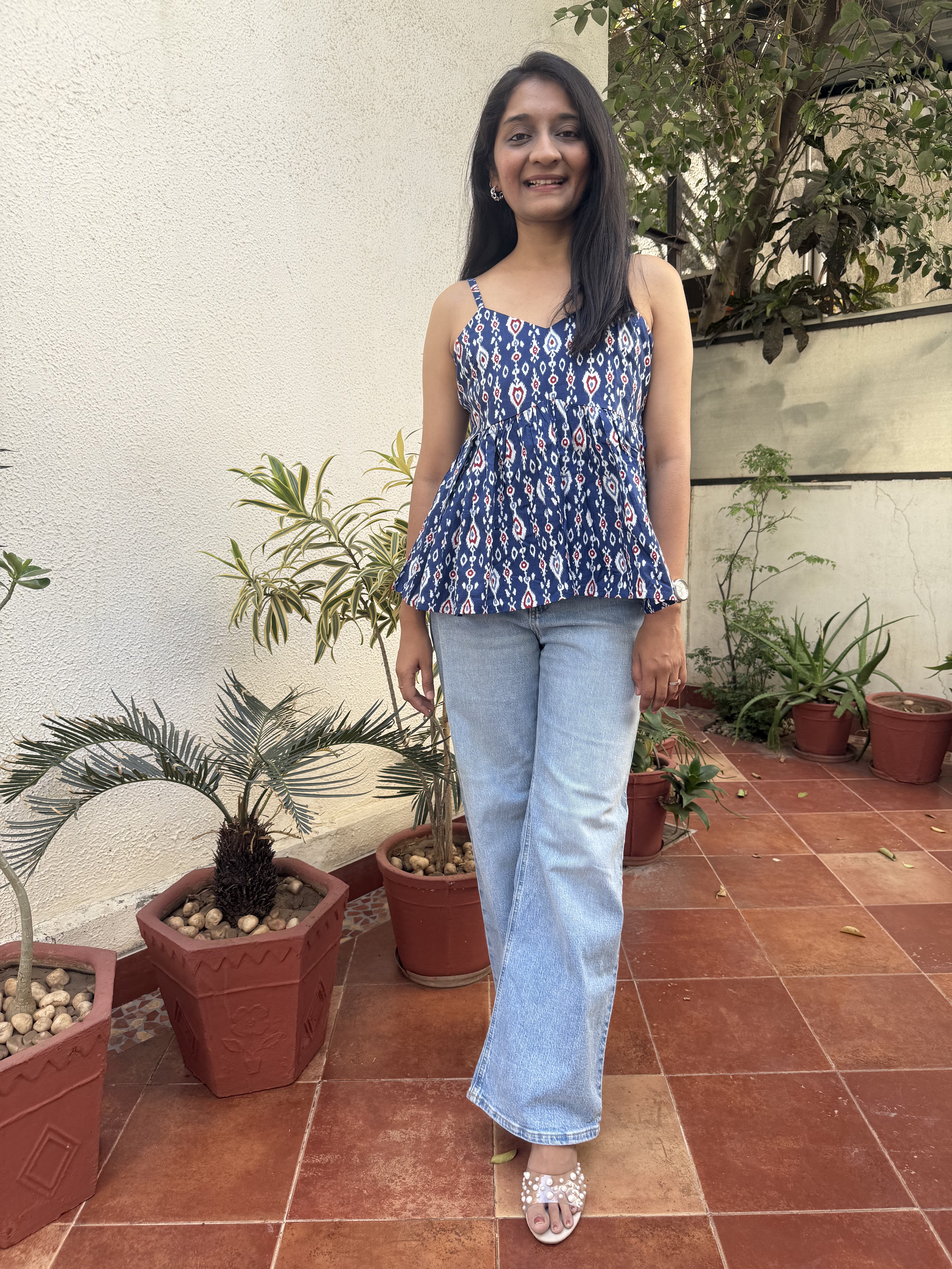 Mirabel Blue Geometry Spaghetti Cotton Top