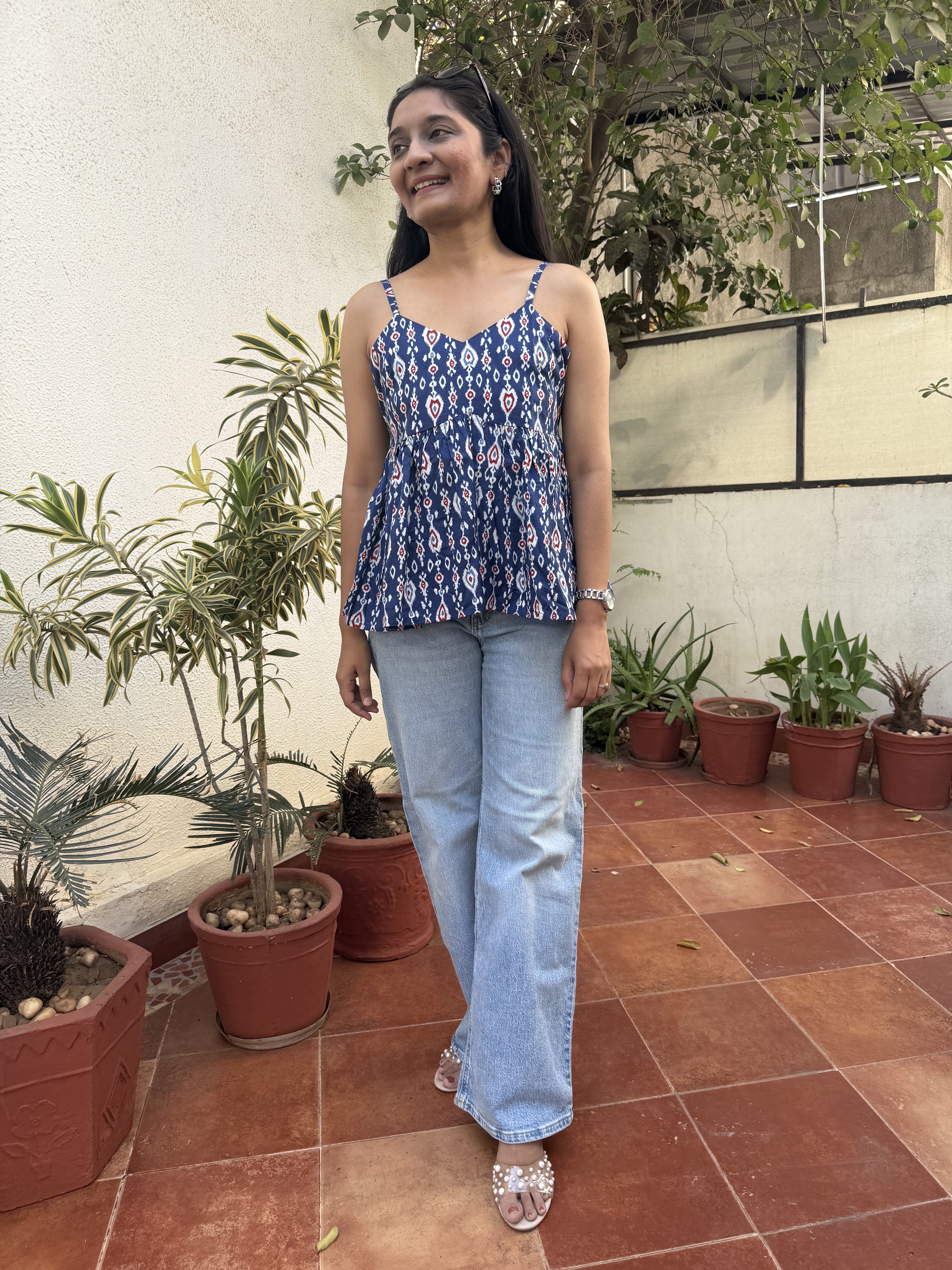 Mirabel Blue Geometry Spaghetti Cotton Top