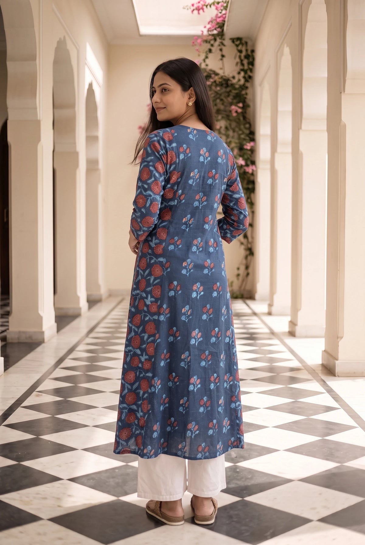 Indira Blue Floral Maternity and Feeding A line Cotton Kurta
