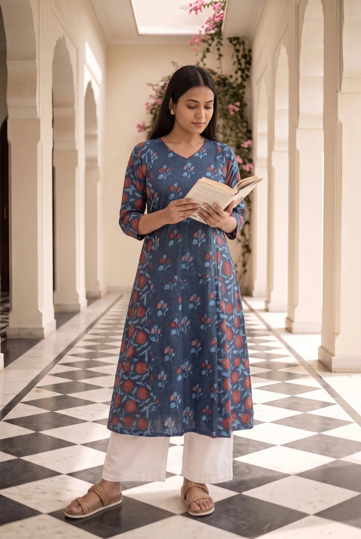 Indira Blue Floral Maternity and Feeding A line Cotton Kurta