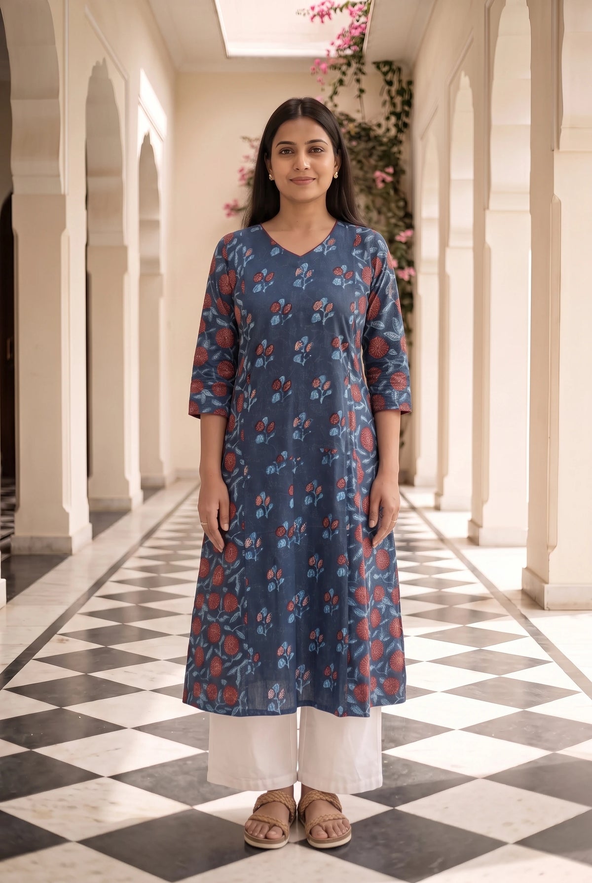 Indira Blue Floral Maternity and Feeding A line Cotton Kurta