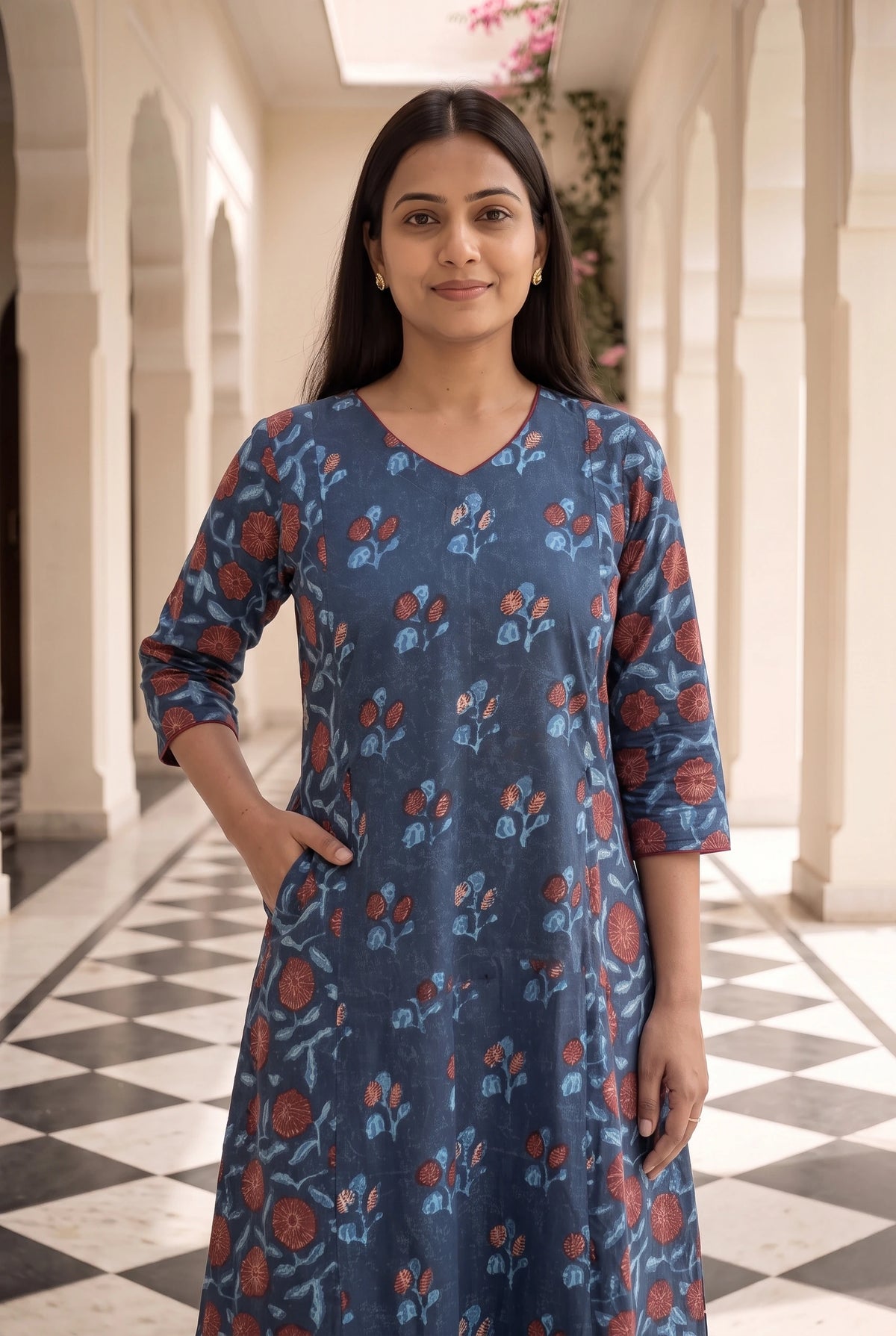Indira Blue Floral Maternity and Feeding A line Cotton Kurta