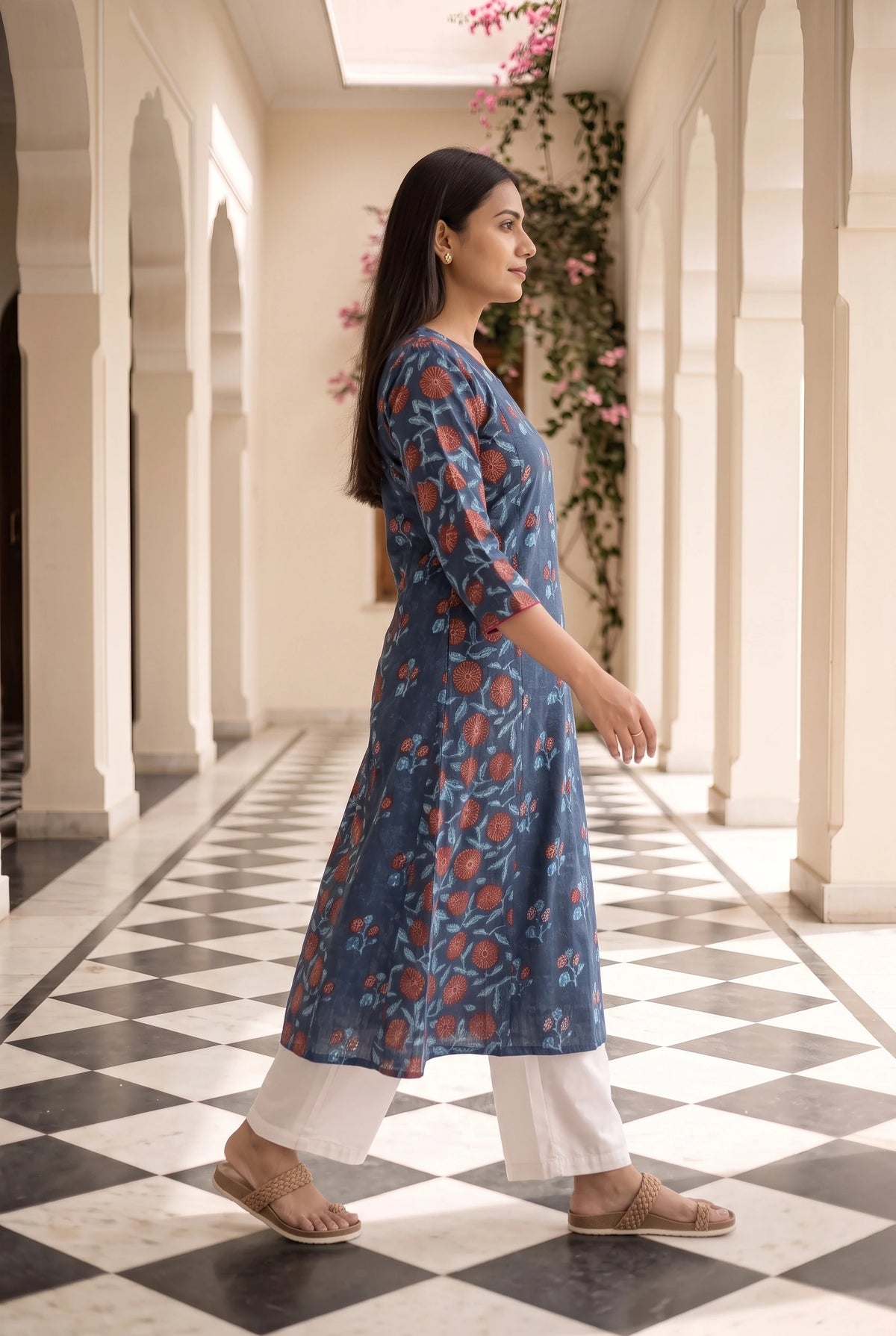 Indira Blue Floral Maternity and Feeding A line Cotton Kurta