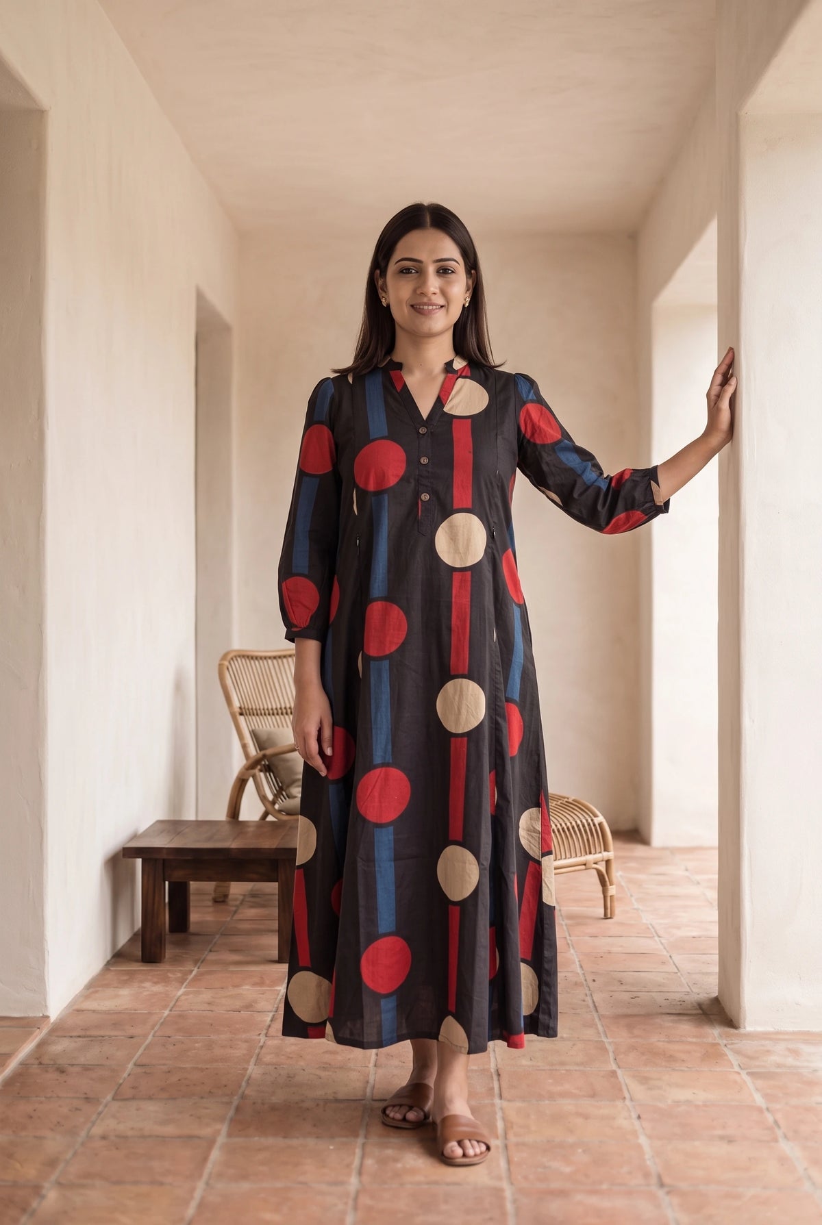 Kanak Black Dots Maternity and Feeding A Line Cotton Dress