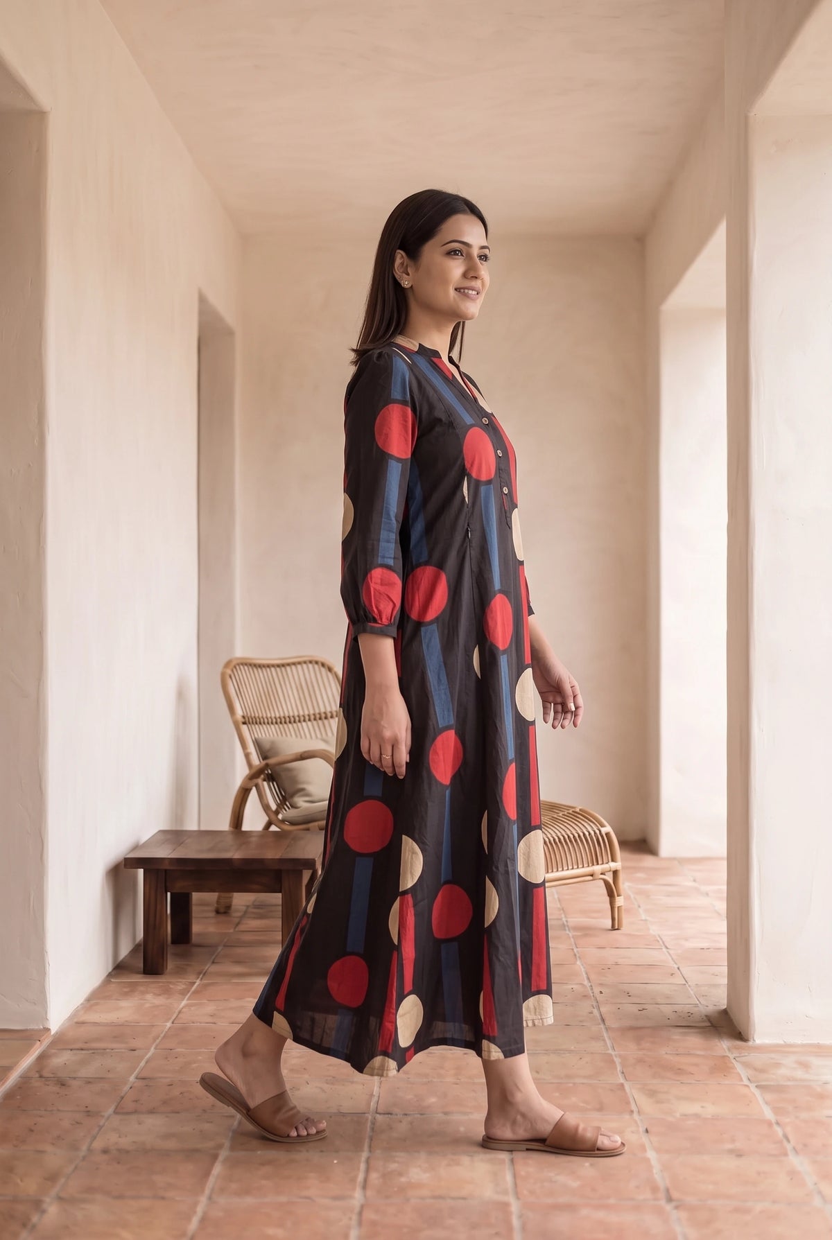 Kanak Black Dots Maternity and Feeding A Line Cotton Dress