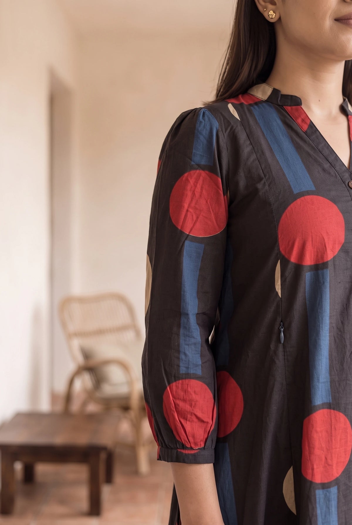 Kanak Black Dots Maternity and Feeding A Line Cotton Dress