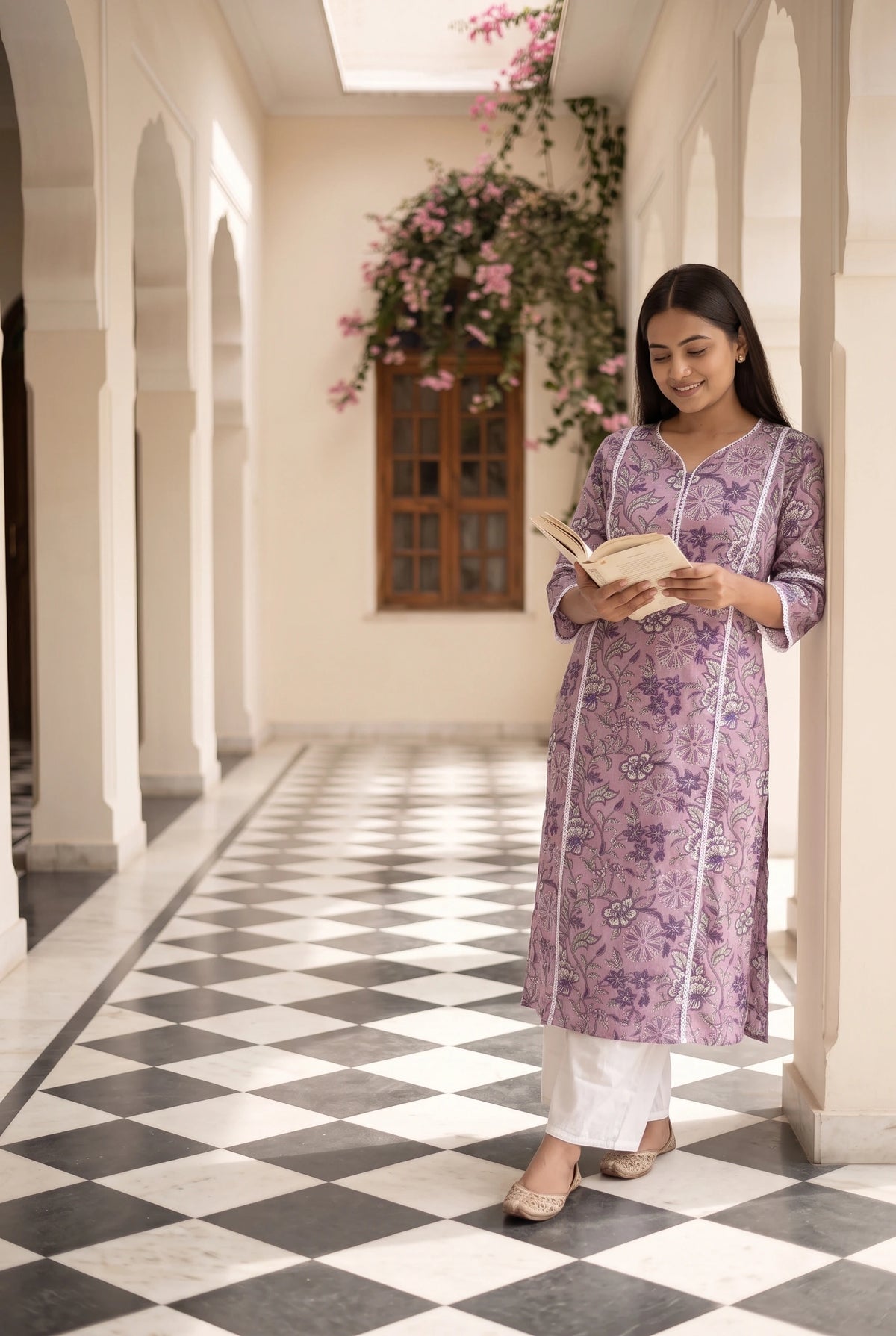 Lalita Purple Maternity and Feeding Floral Straight cut Cotton Kurta