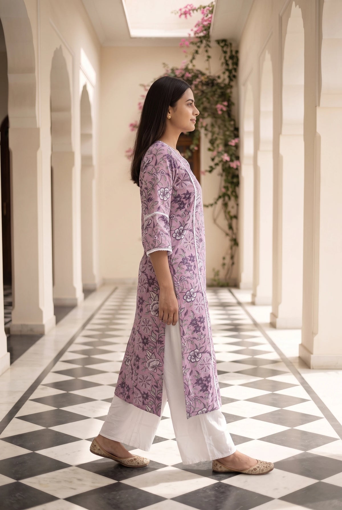 Lalita Purple Maternity and Feeding Floral Straight cut Cotton Kurta