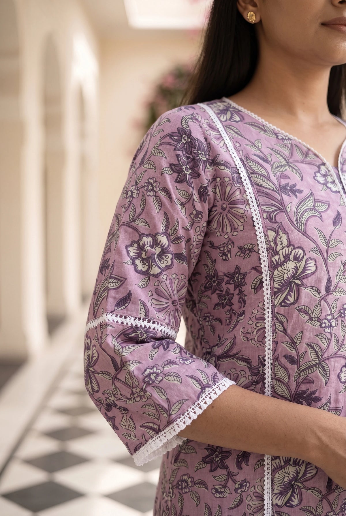 Lalita Purple Maternity and Feeding Floral Straight cut Cotton Kurta