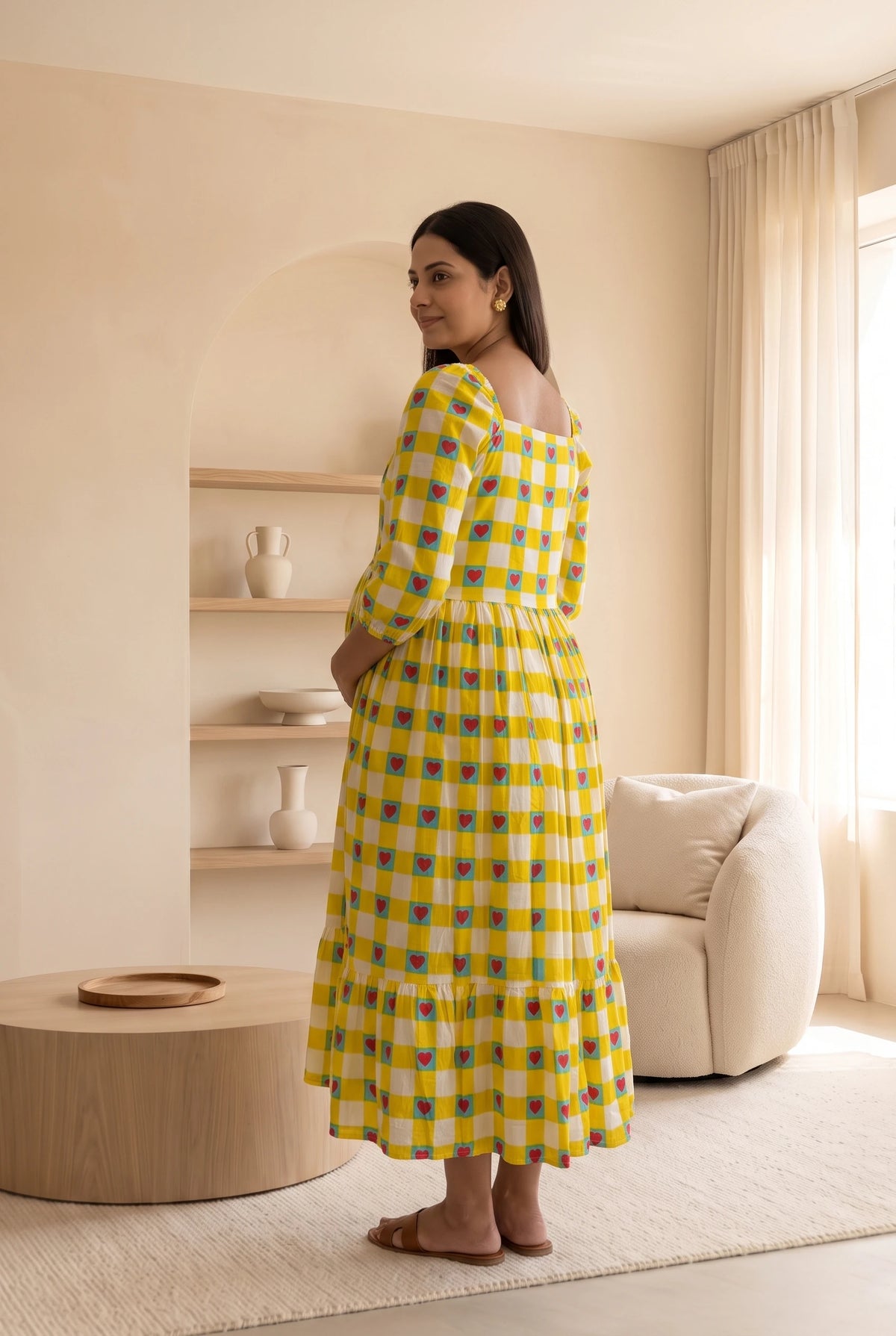 Mishti Yellow Printed Maternity and Feeding Flared Cotton Dress with Cotton Lining