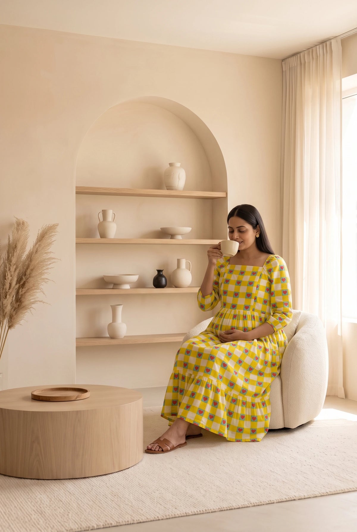 Mishti Yellow Printed Maternity and Feeding Flared Cotton Dress with Cotton Lining