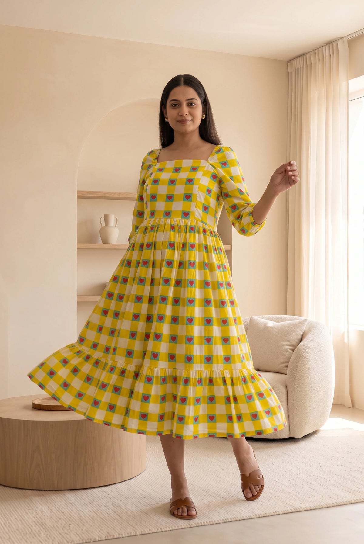 Mishti Yellow Printed Maternity and Feeding Flared Cotton Dress with Cotton Lining