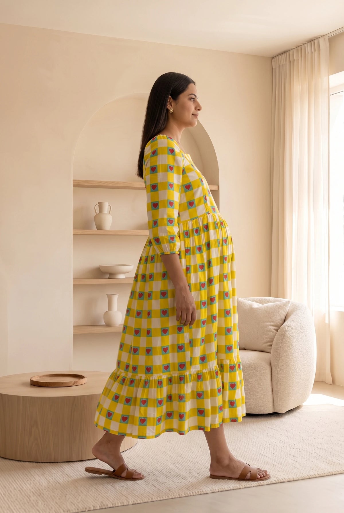 Mishti Yellow Printed Maternity and Feeding Flared Cotton Dress with Cotton Lining
