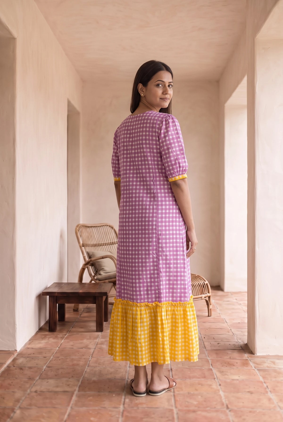 Satya Purple and Yellow Checks Maternity and Feeding A Line Cotton Dress