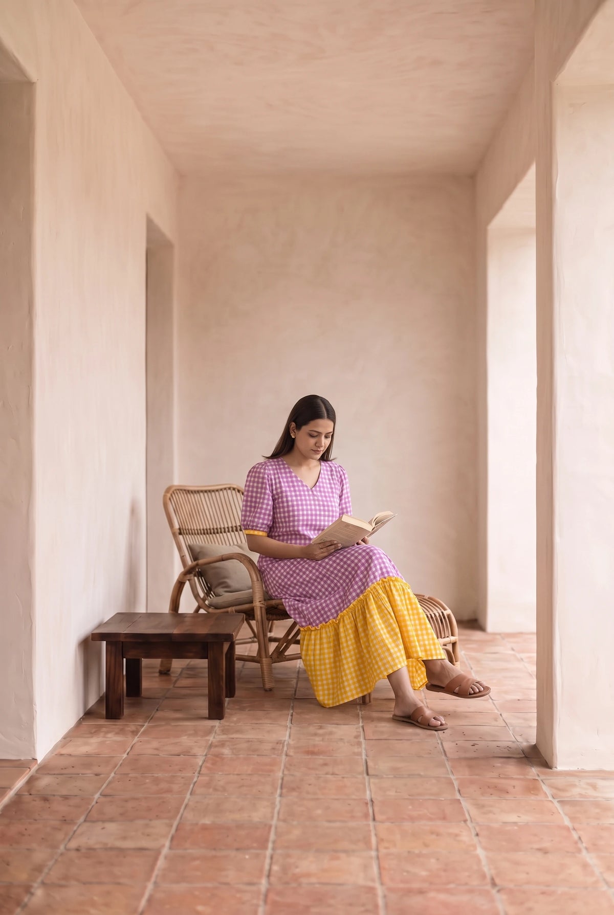 Satya Purple and Yellow Checks Maternity and Feeding A Line Cotton Dress