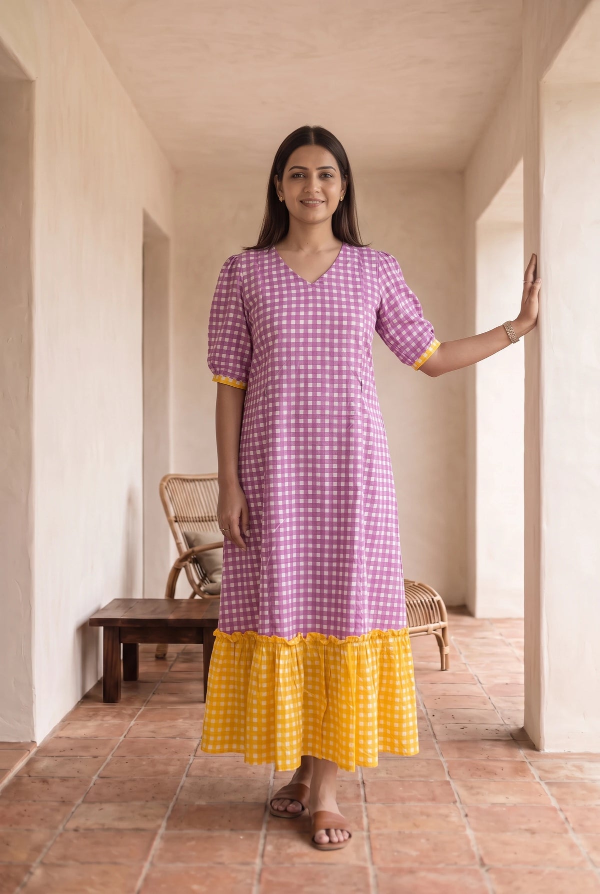 Satya Purple and Yellow Checks Maternity and Feeding A Line Cotton Dress