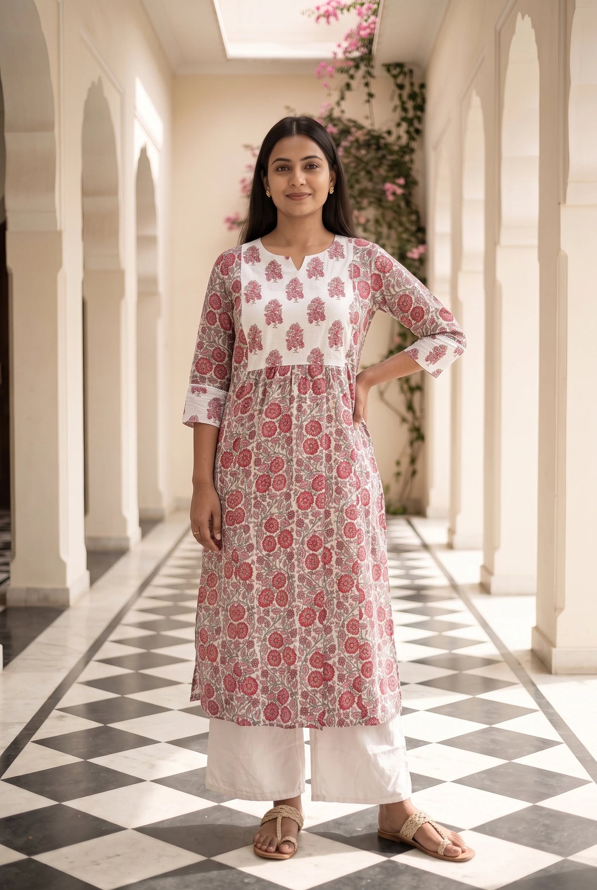 Sudha White Printed Maternity and Feeding Straight cut Cotton Kurta