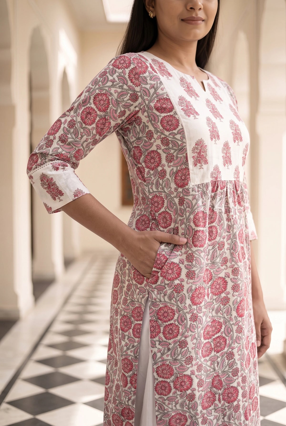Sudha White Printed Maternity and Feeding Straight cut Cotton Kurta