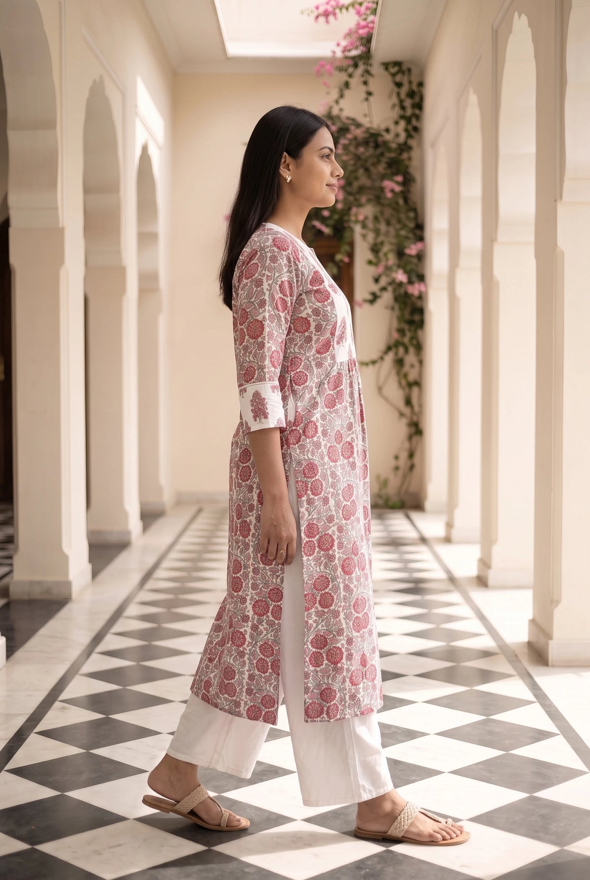 Sudha White Printed Maternity and Feeding Straight cut Cotton Kurta