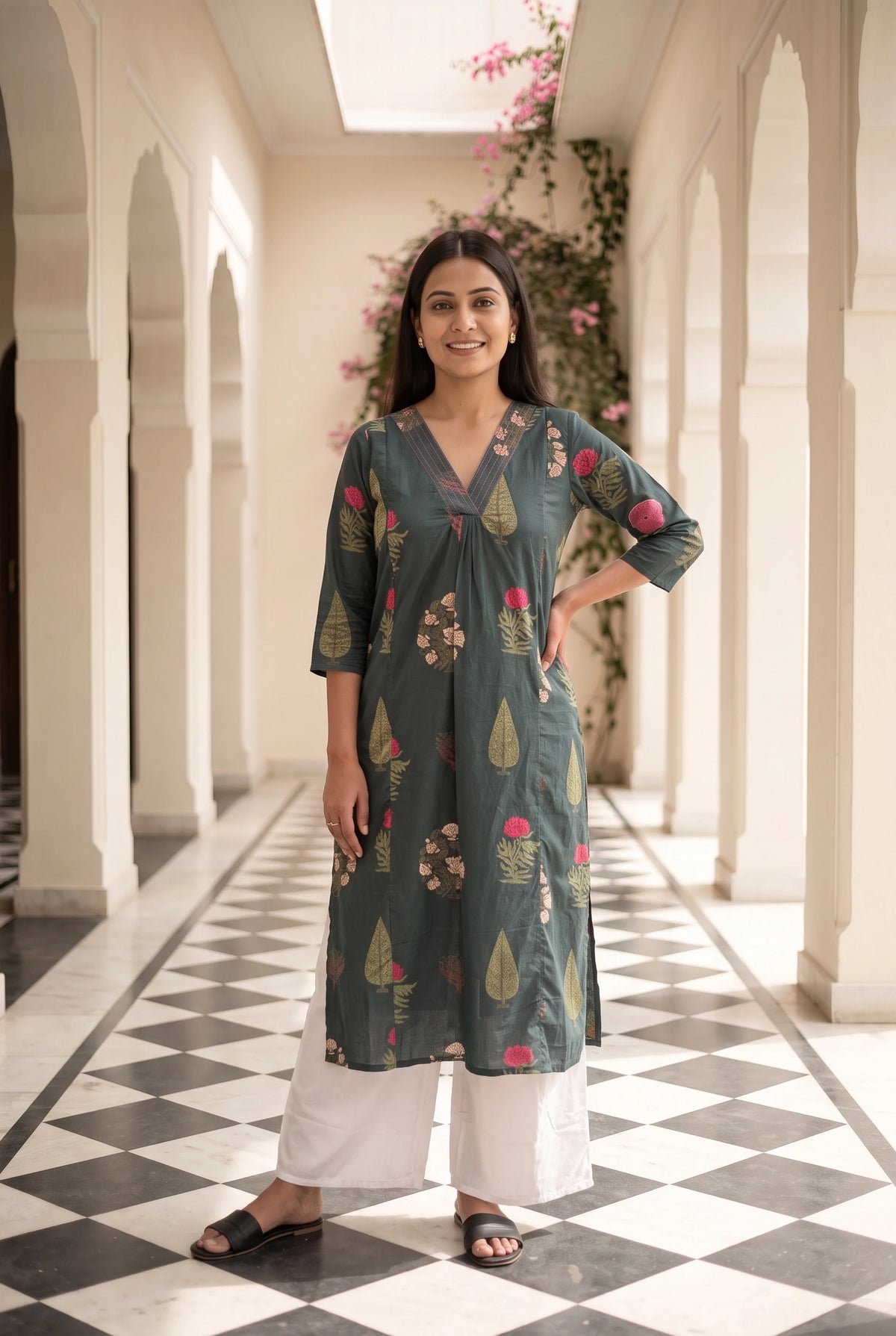 Suhasini Green Floral Maternity and Feeding Straight cut Cotton Kurta