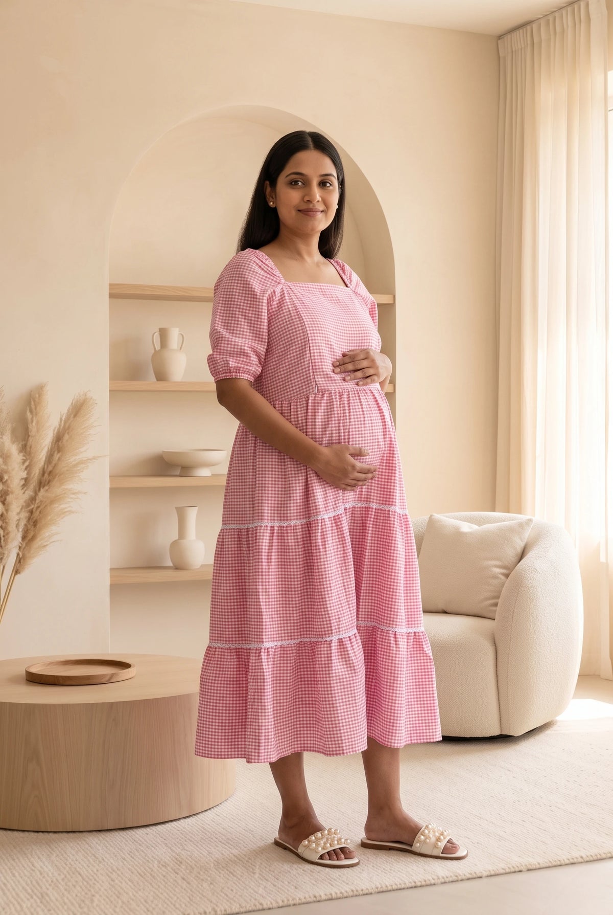 Vaani Pink Maternity and Feeding Checks Tiered Seersucker Cotton Dress