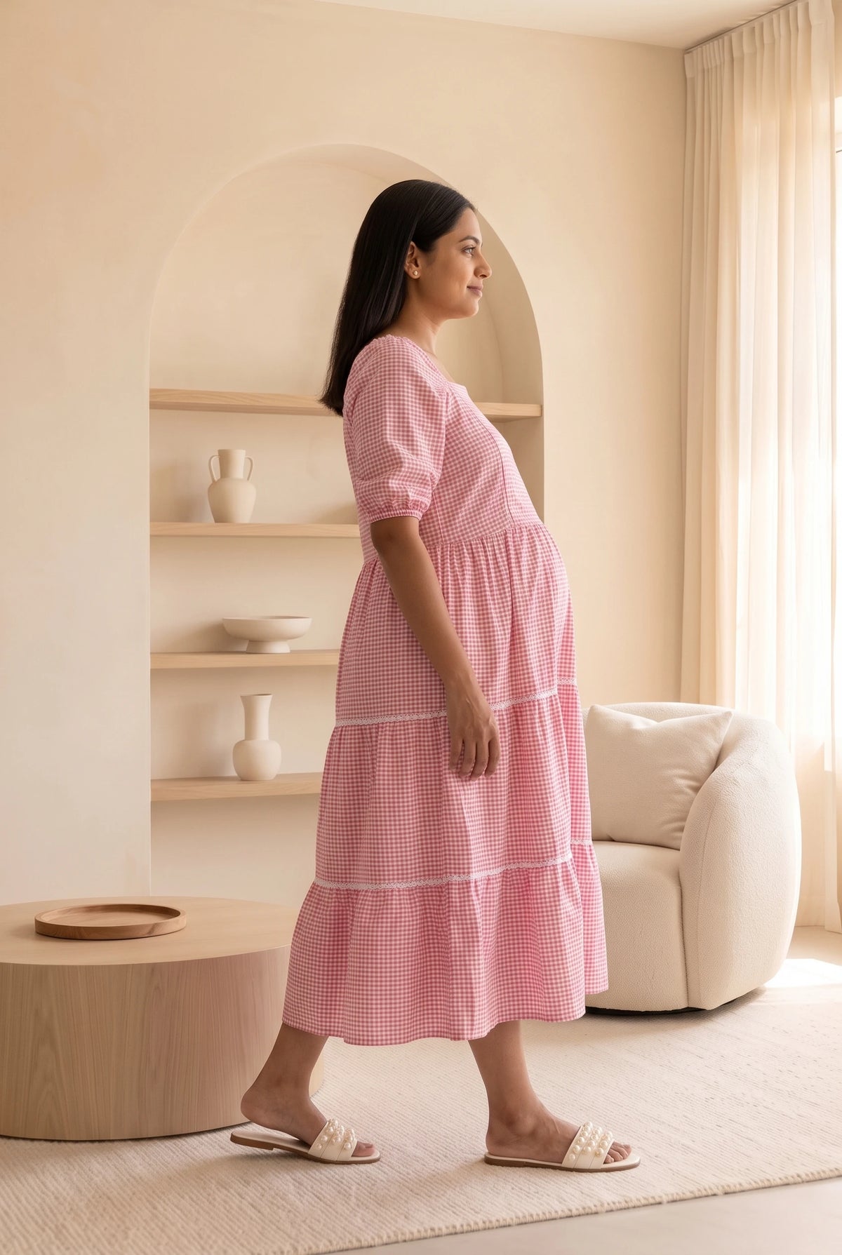 Vaani Pink Maternity and Feeding Checks Tiered Seersucker Cotton Dress