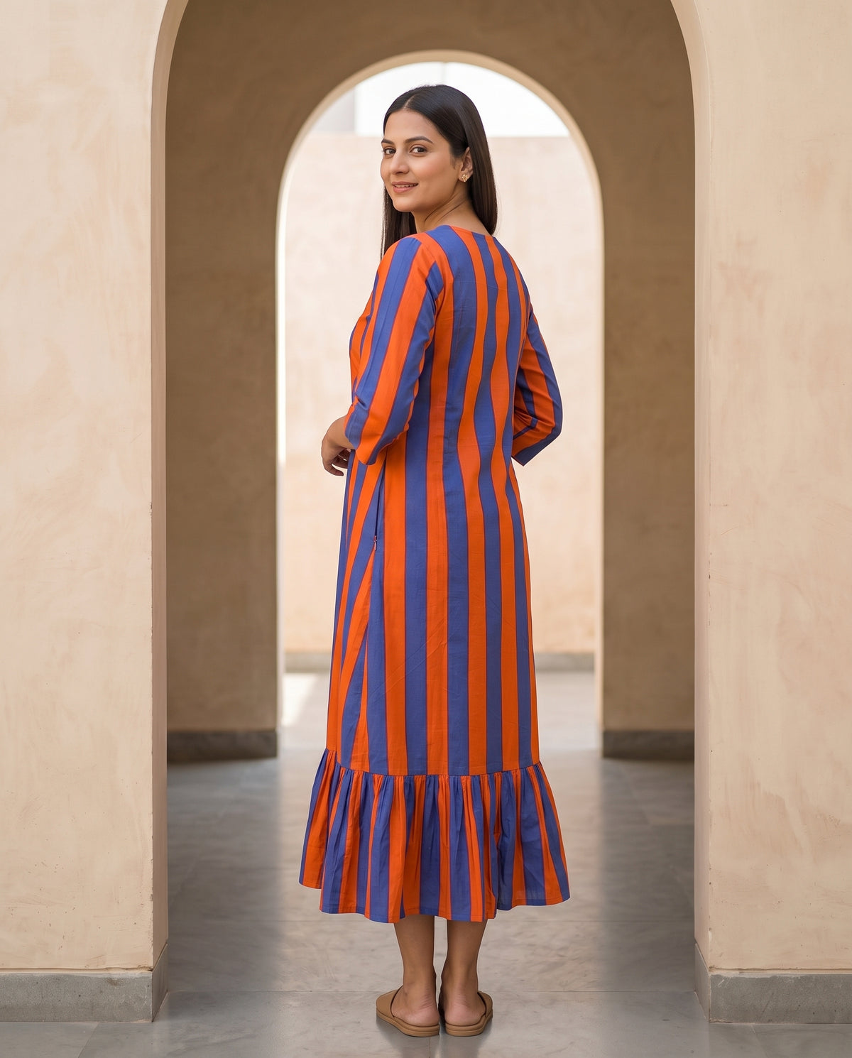 Ziva Orange and Blue Stripes Maternity and Feeding Cotton Dress