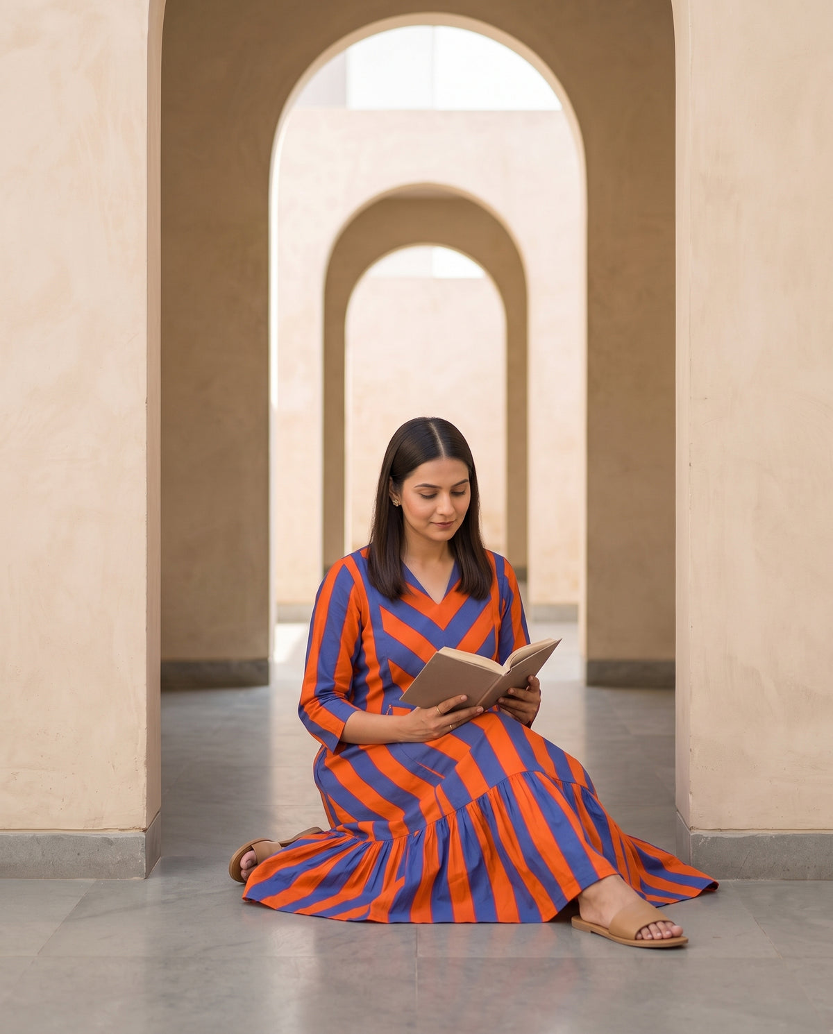 Ziva Orange and Blue Stripes Maternity and Feeding Cotton Dress