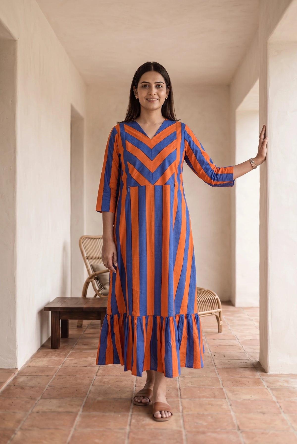 Ziva Orange and Blue Stripes Maternity and Feeding A Line Cotton Dress
