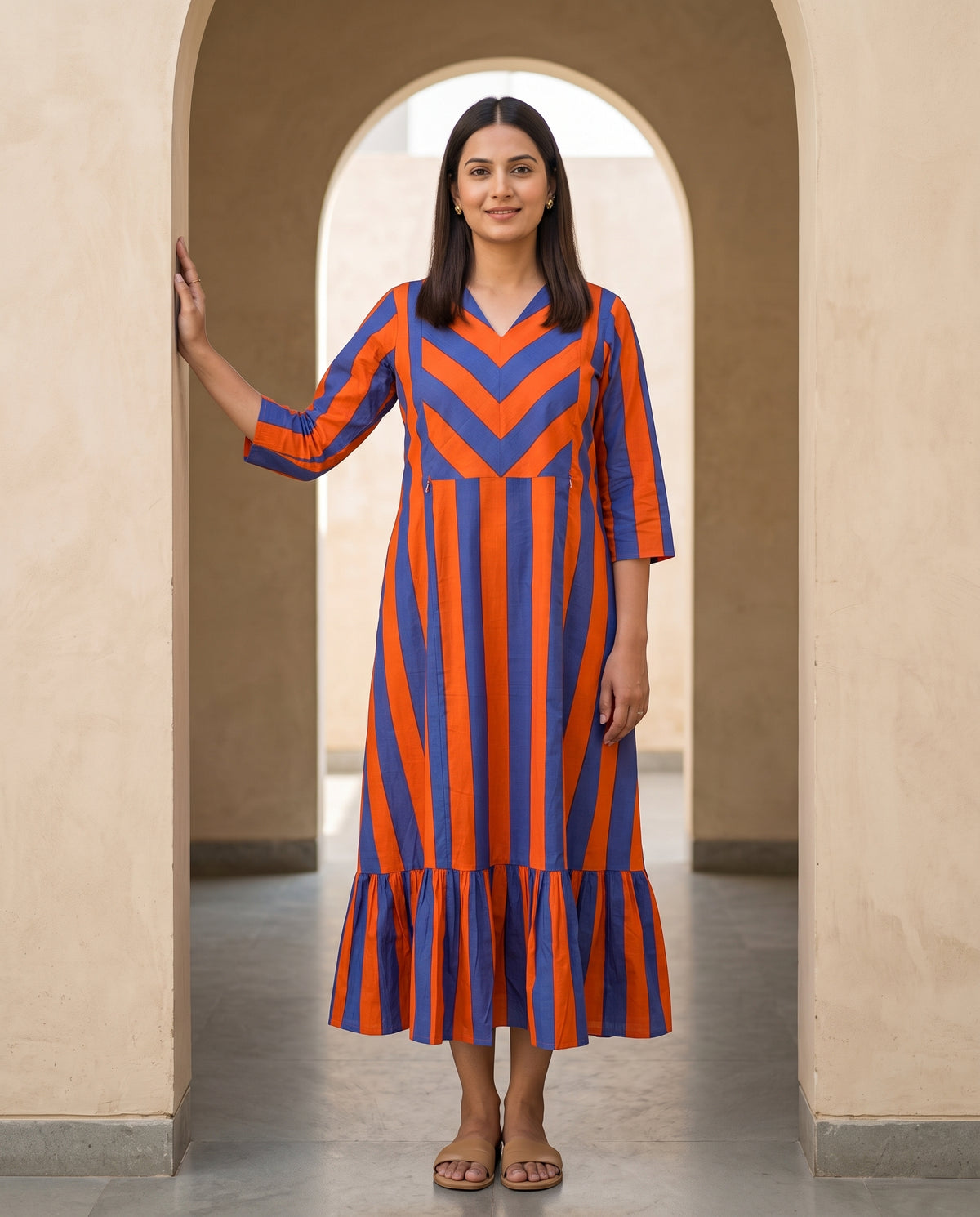 Ziva Orange and Blue Stripes Maternity and Feeding Cotton Dress