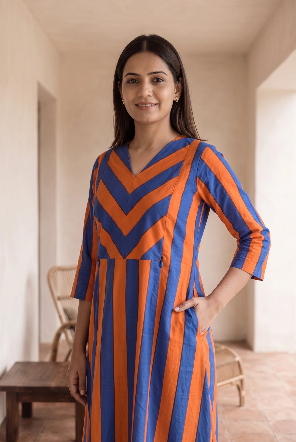 Ziva Orange and Blue Stripes Maternity and Feeding A Line Cotton Dress