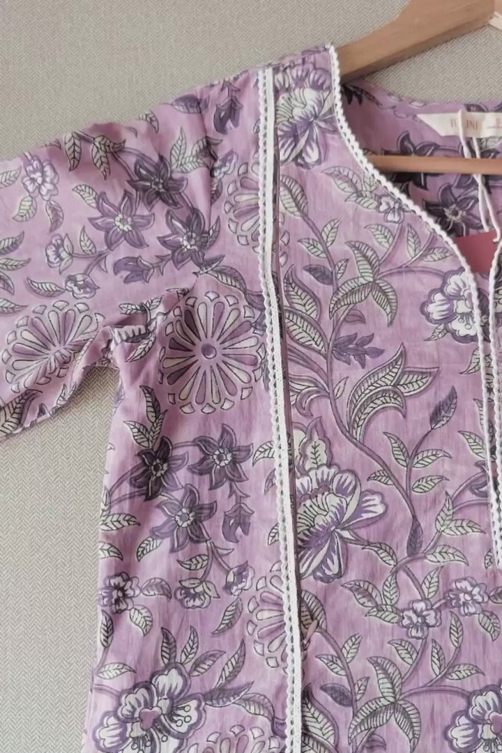 Close up zipper shot for purple 100% cotton maternity, feeding, and nursing kurta from TULINI (Tulini)